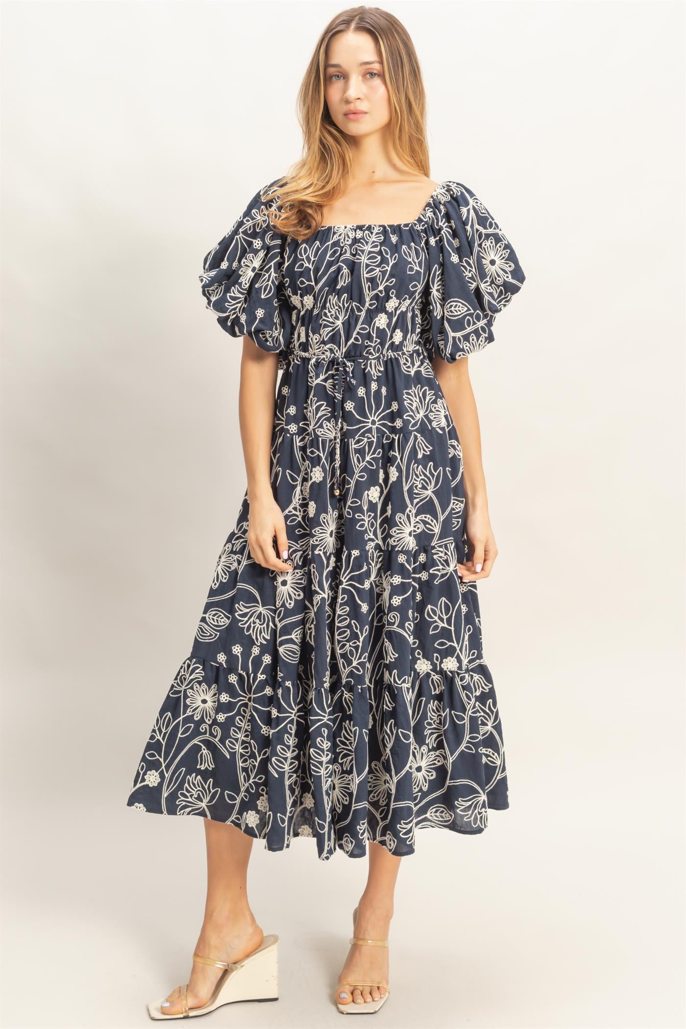 Wholesale Floral Puff Sleeve Midi Dress Dresses HF26C777-D NAVY HYFVE