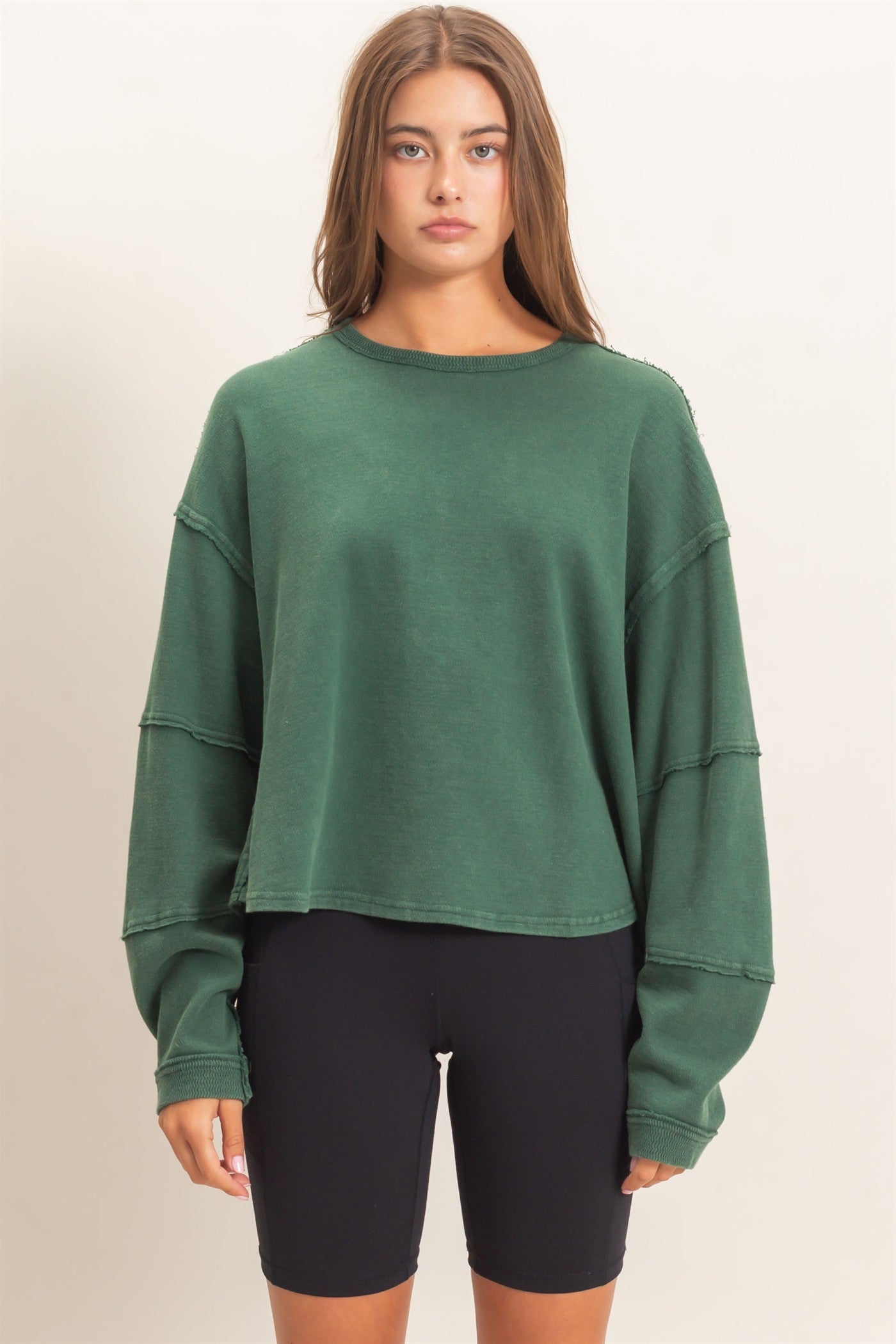 Wholesale Mineral Wash Overzised Raw Edge Crew Neck Top Clothing Tops DZ26E449 DARK GREEN DOUBLE ZERO