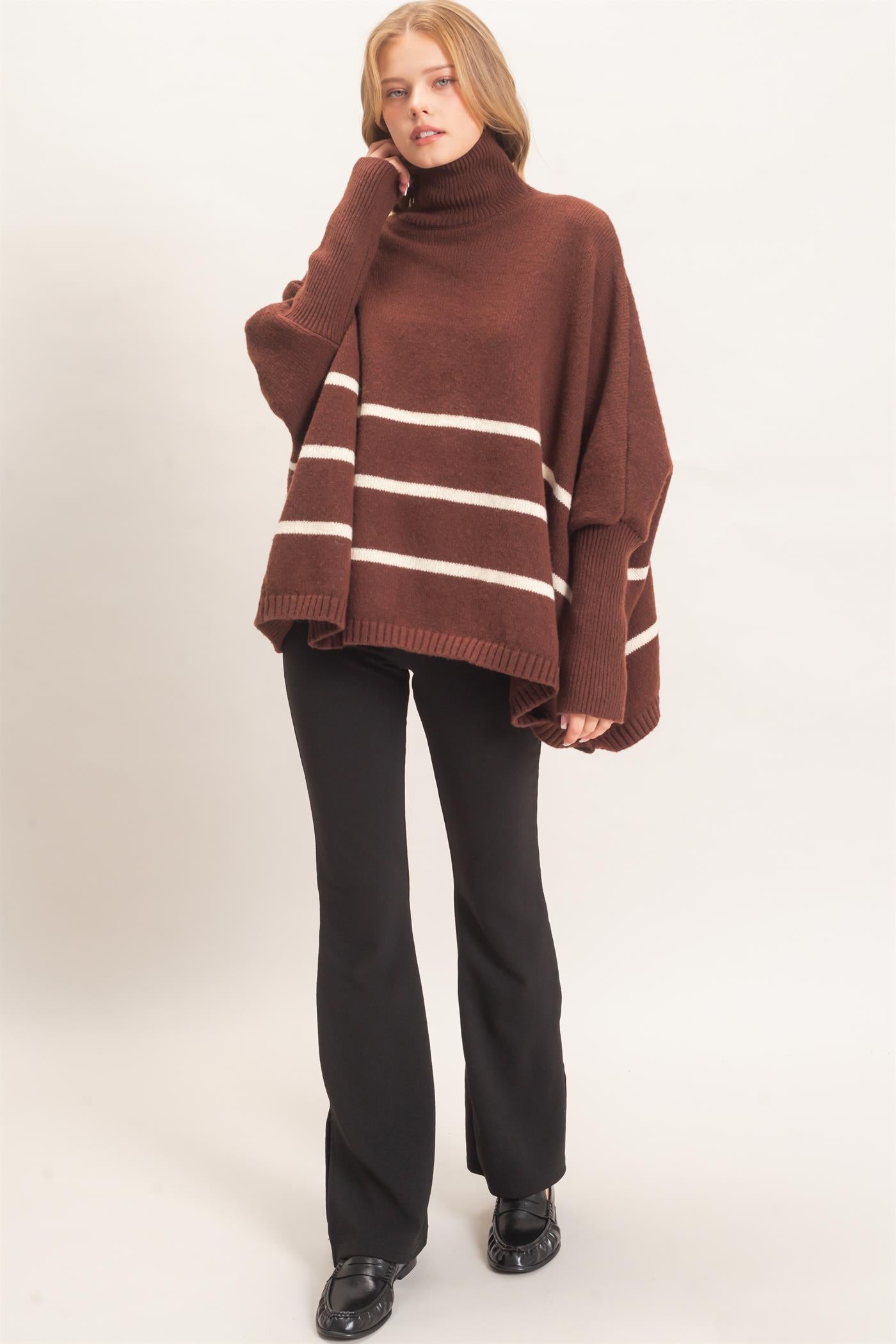 Wholesale Striped Turtleneck Poncho Sweater Sweaters HF26F194 BROWN HYFVE