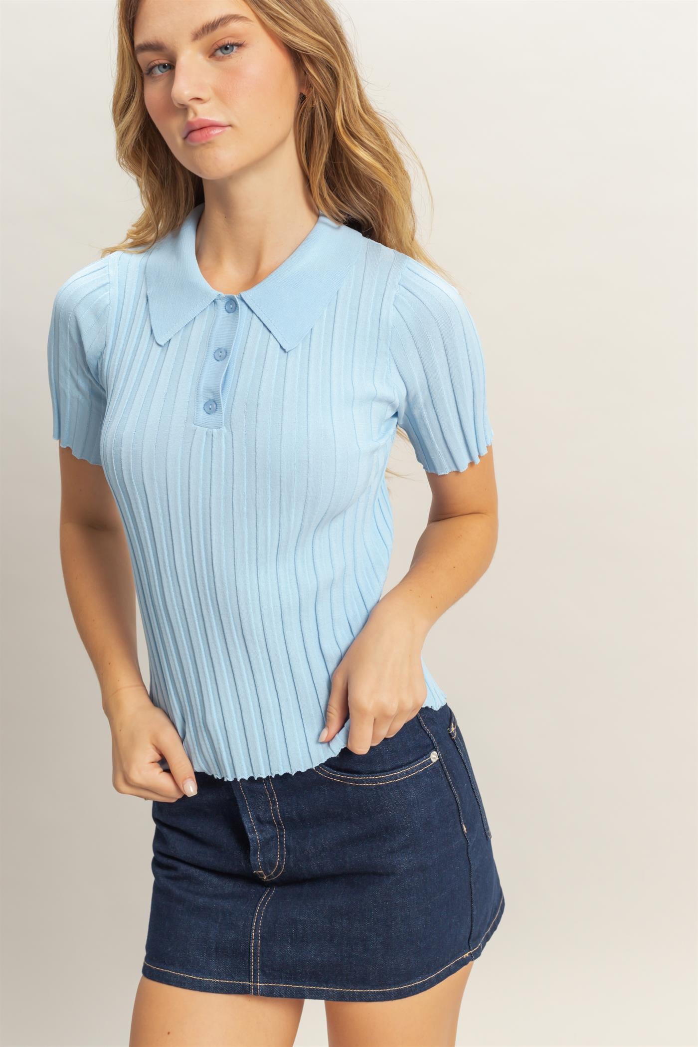 Wholesale Rib Knitted Short Sleeve Polo Top Clothing Tops DZ25C246 ICE BLUE DOUBLE ZERO