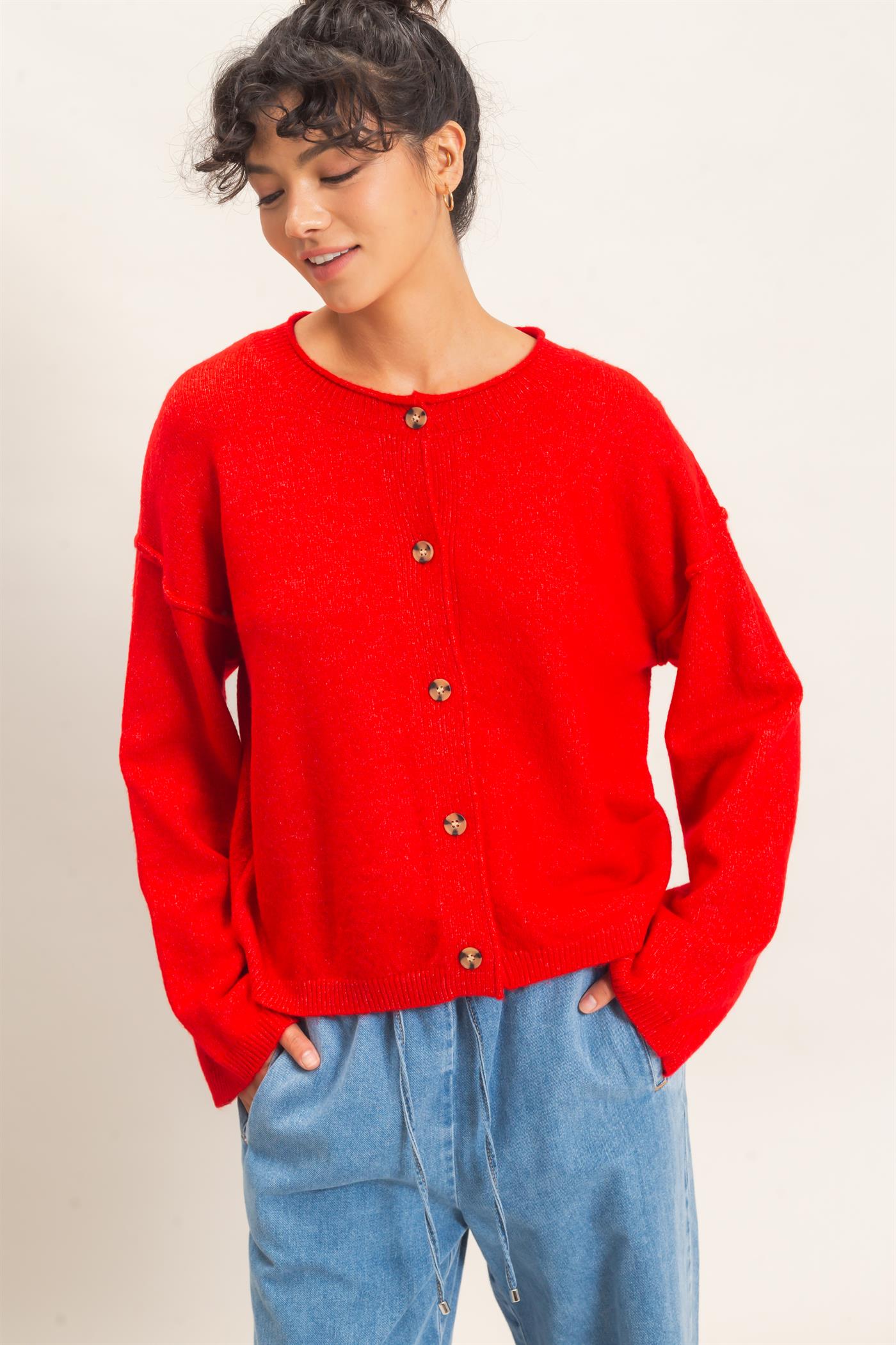 Wholesale Crew Neck Loose Fit Cardigan Cardigans DZ26E269 RED DOUBLE ZERO