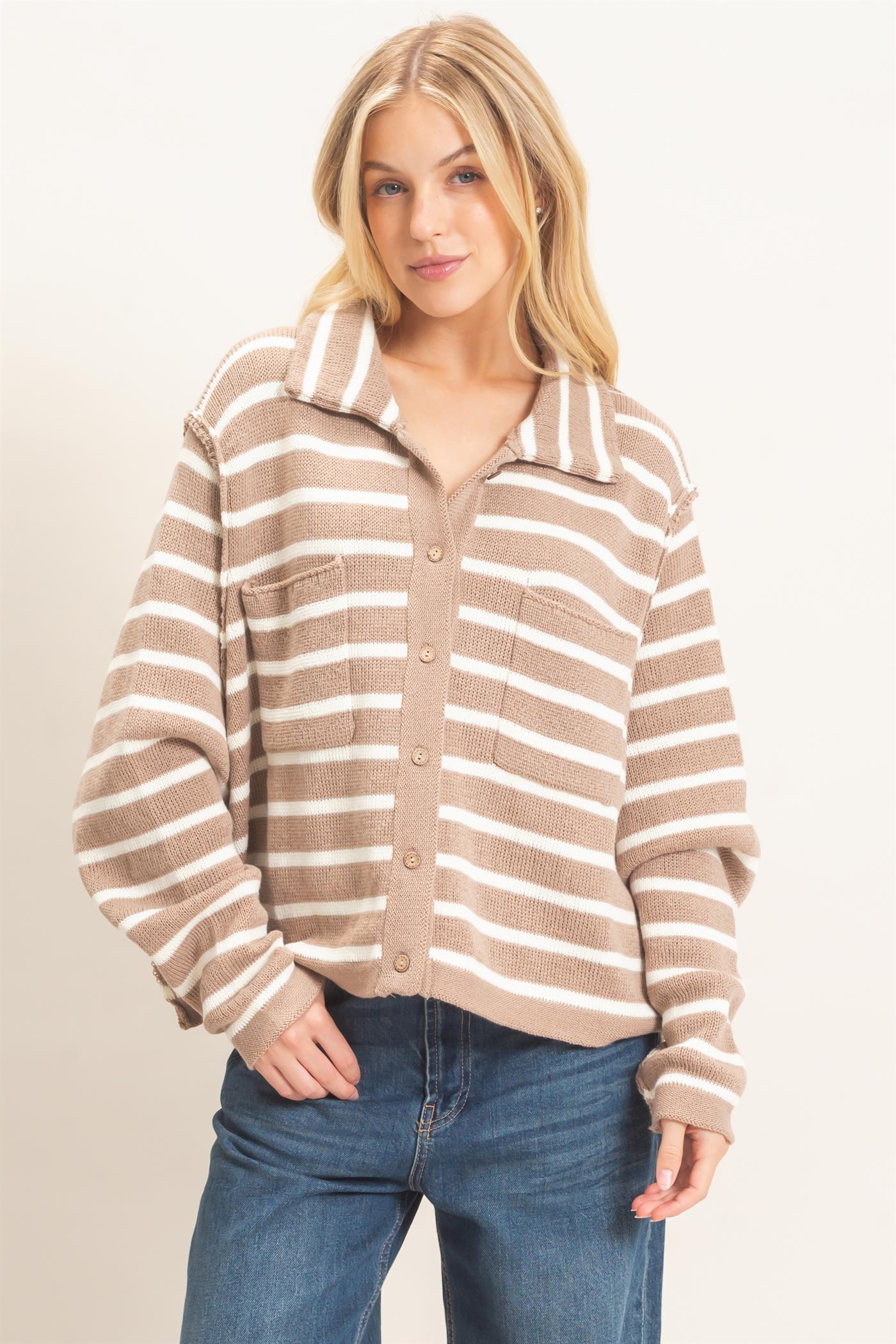 Wholesale Striped Button Front Cardigan Sweaters HF26F197 TAUPE HYFVE