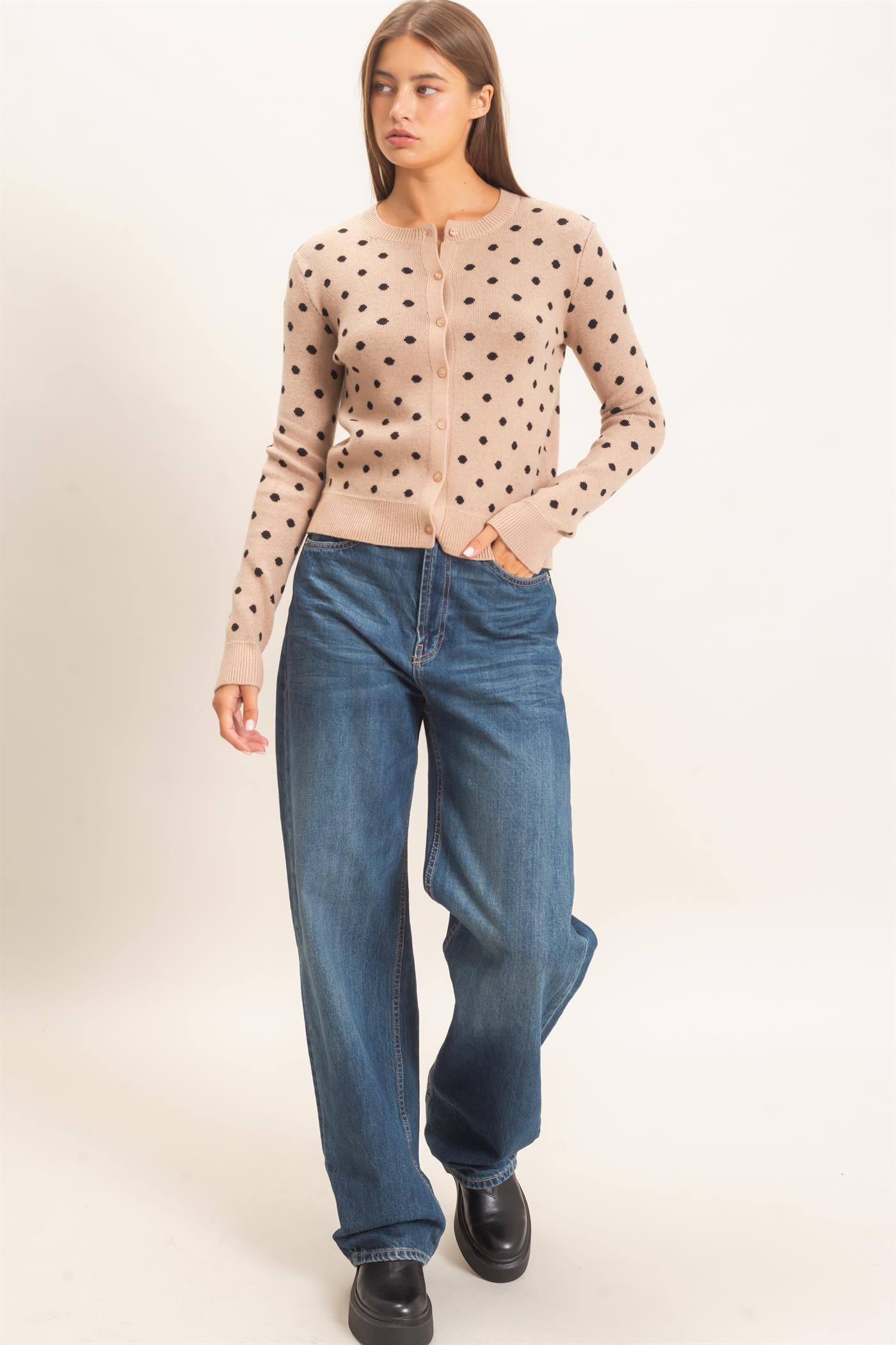 Wholesale Polka Dot Cardigan Sweaters DZ26E453 TAUPE DOUBLE ZERO
