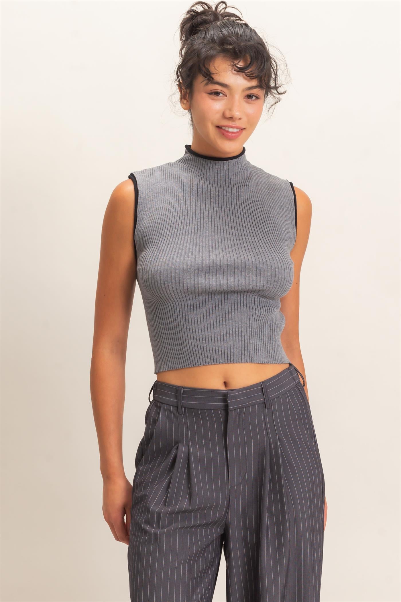 Wholesale Ribbed Mock Neck Sleeveless Top Clothing Tops DZ26E777 HEATHER GRAY DOUBLE ZERO