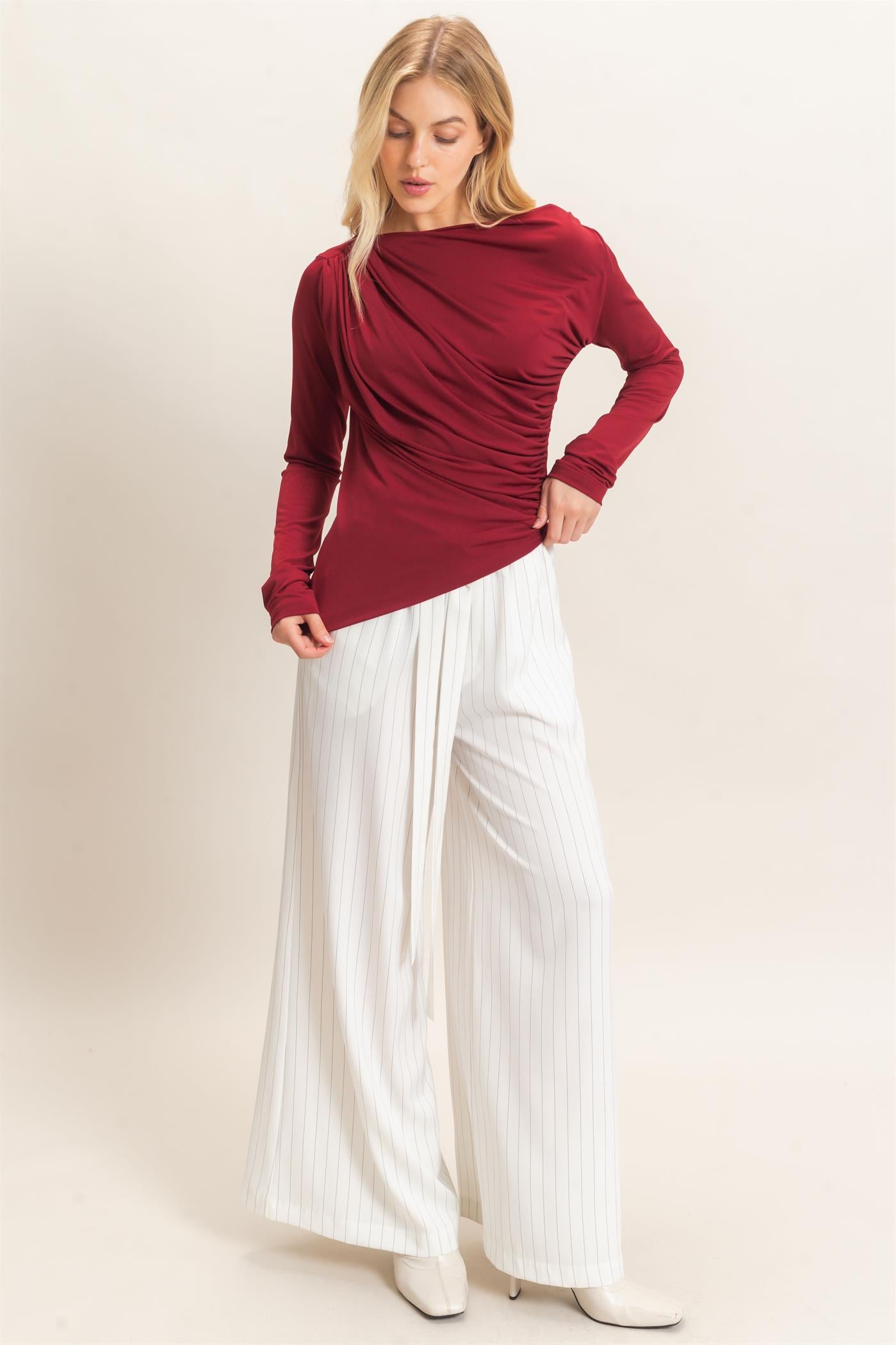 Wholesale Asymmetrical Ruched Long Sleeve Top Clothing Tops HF26C683 DARK RED HYFVE