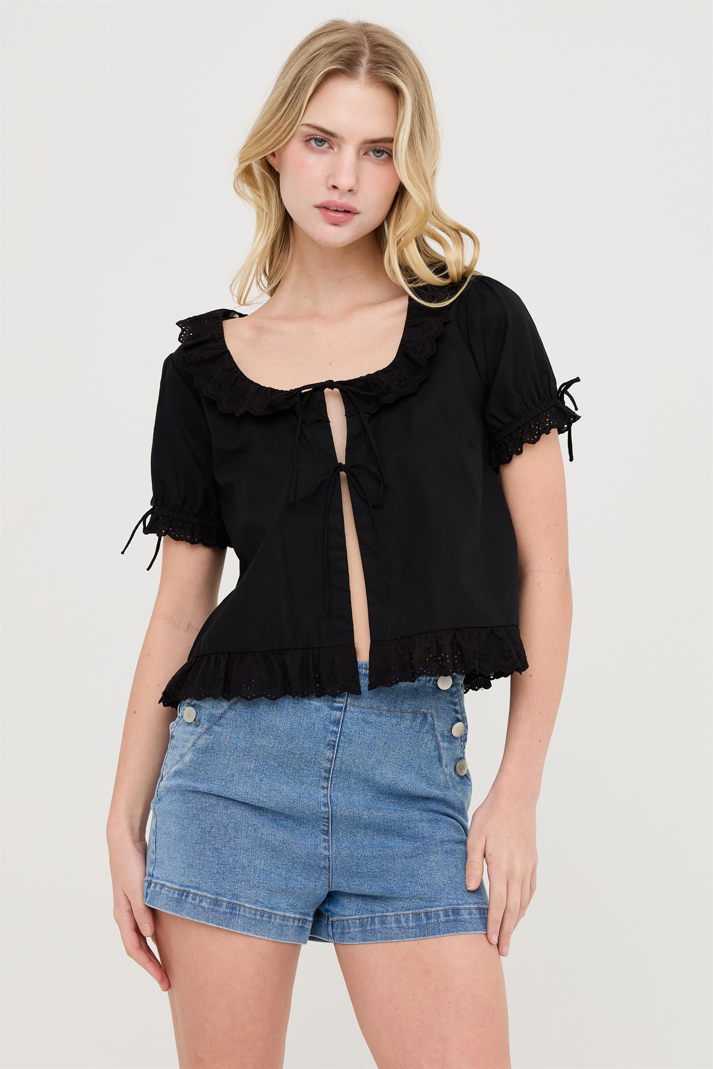 Wholesale Lace Trim Peasant Top Blouses HF26C137 BLACK HYFVE