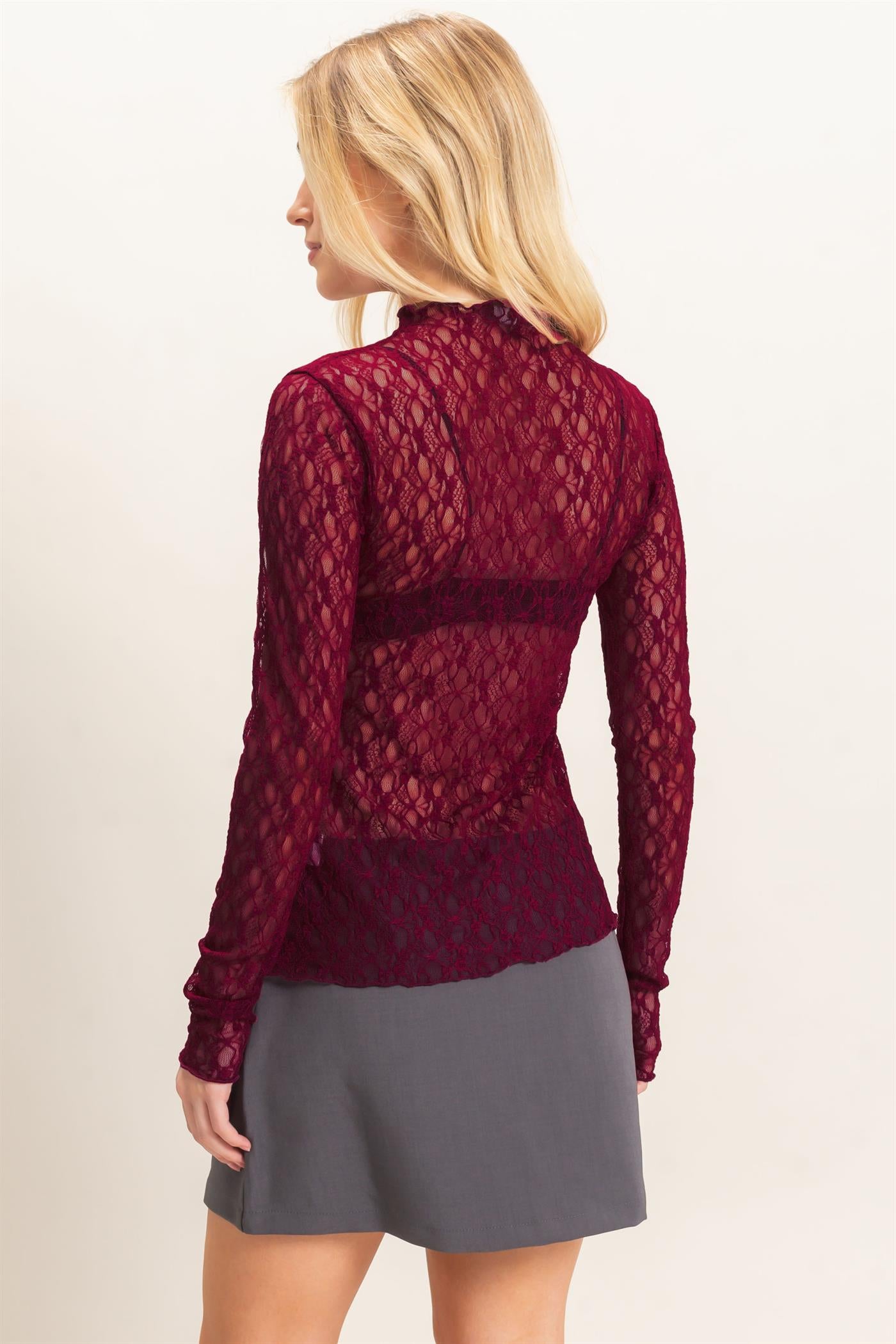 Wholesale Lace Mock Neck Long Sleeve Top Clothing Tops HF26E033-D BURGUNDY HYFVE