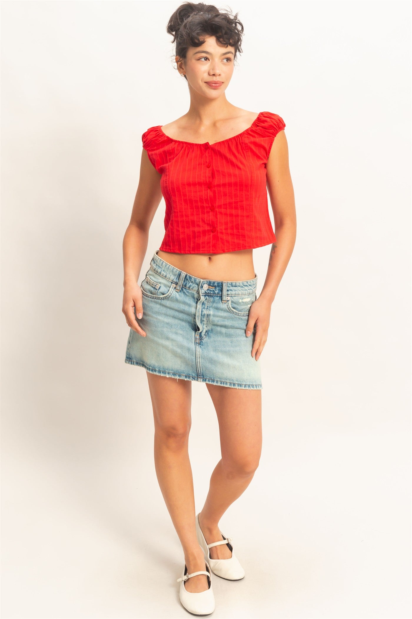 Wholesale Button Front Scoop Neck Cap Sleeve Top Blouses DZ26C199 RED DOUBLE ZERO