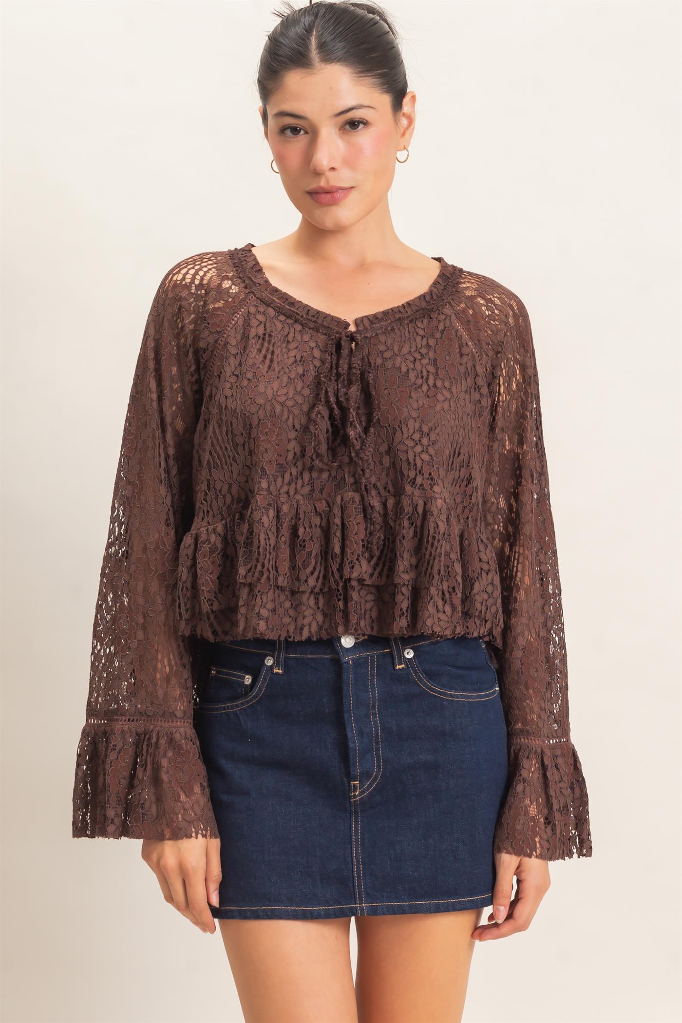 Wholesale Lace Bell Sleeve Top Blouses HF26C768 BROWN HYFVE
