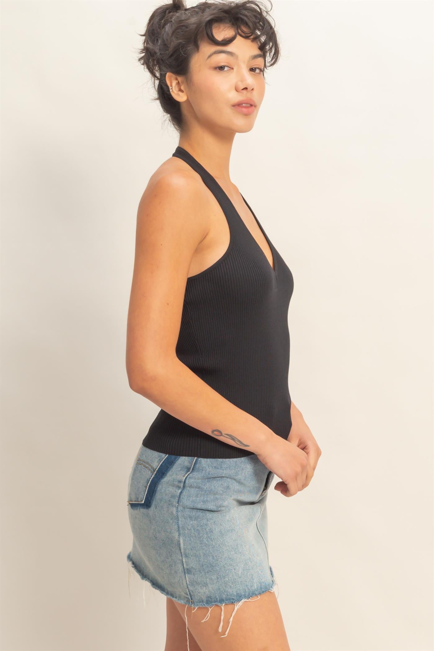 Wholesale Ribbed Halter Neck Top Clothing Tops DZ26C628 BLACK DOUBLE ZERO