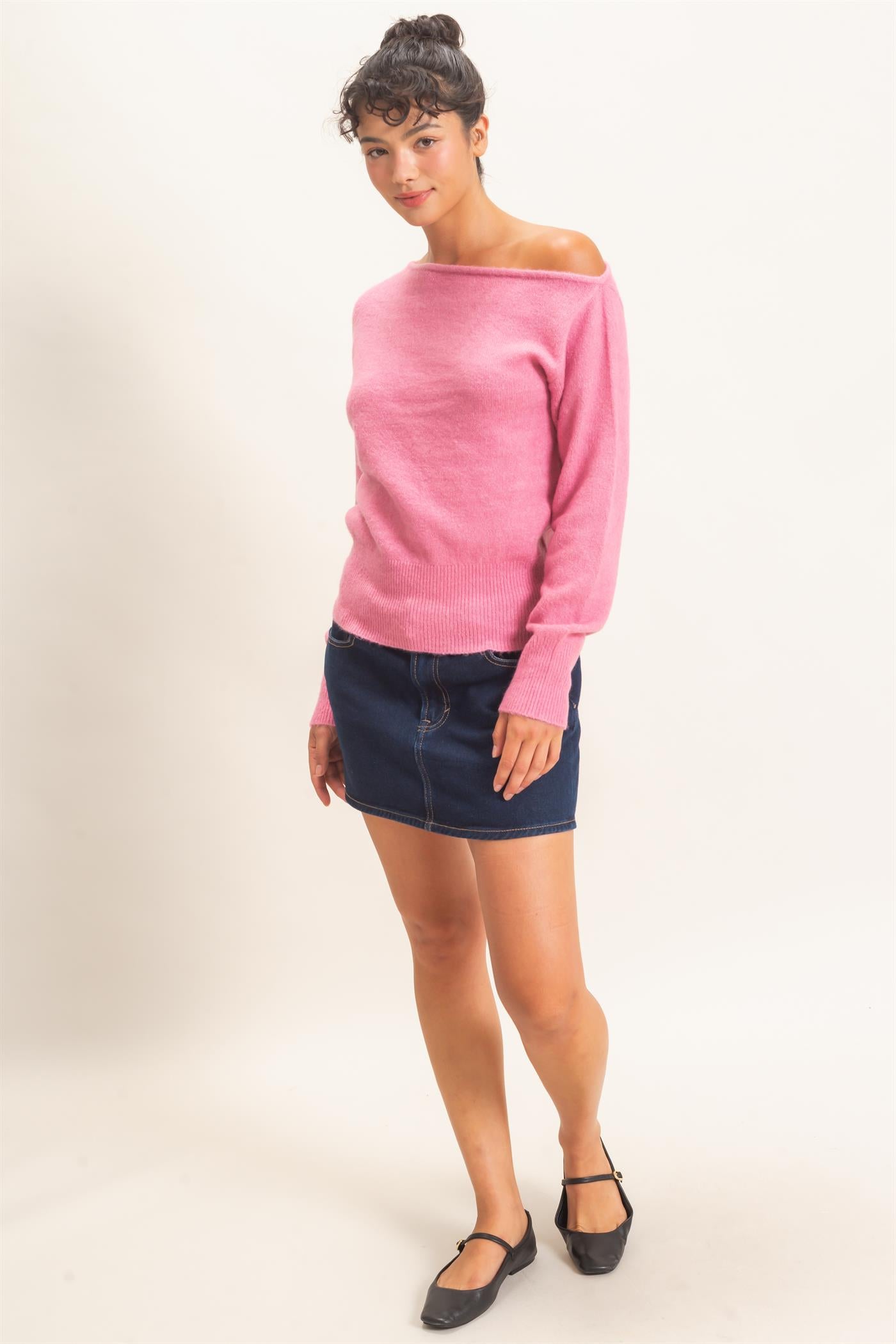 Wholesale Off The Shoulder Sweater Top Sweaters DZ26F290 PINK DOUBLE ZERO