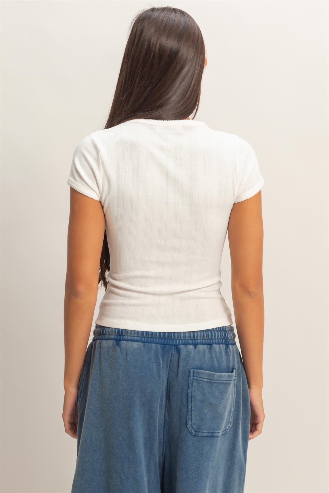 Wholesale Pointelle Short Sleeve Top Clothing Tops DZ26C285 WHITE DOUBLE ZERO
