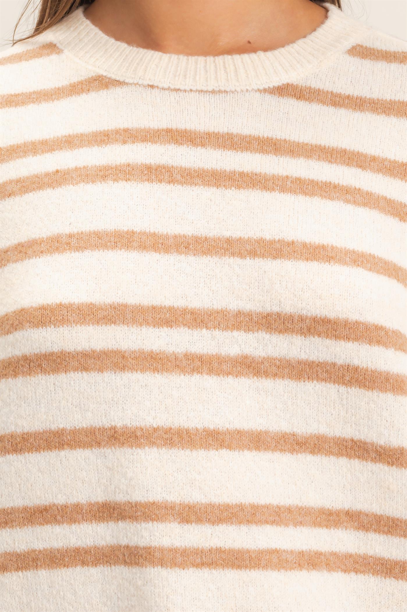 Wholesale Striped Crew Neck Sweater Sweaters DZ26E389 TAUPE DOUBLE ZERO