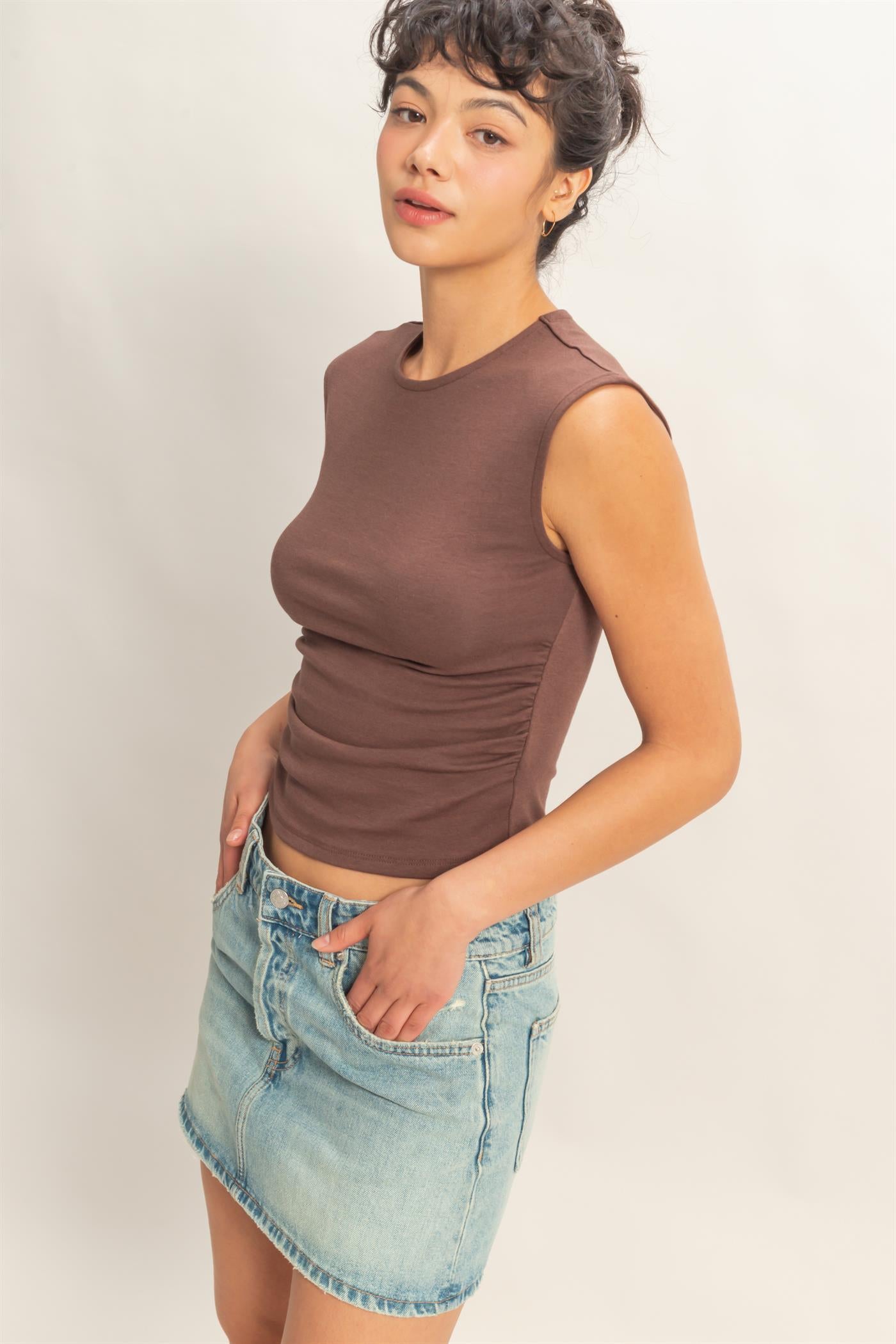 Wholesale Ruched Waist Cap Sleeve Top Clothing Tops DZ26A889 CHOCOLATE DOUBLE ZERO