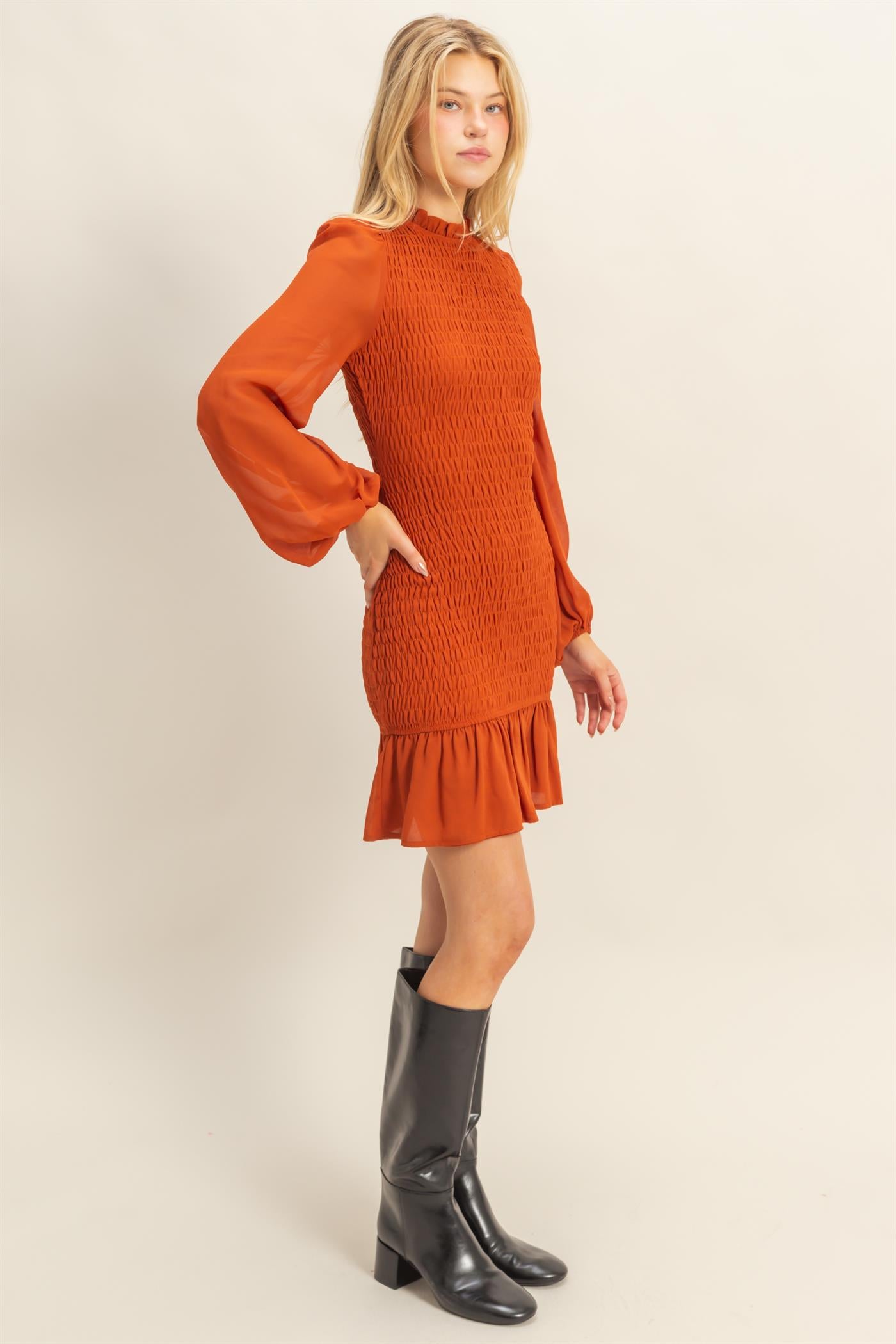 Wholesale Smocked Ruffled Mini Dress Dresses HF23G430 BROWN HYFVE