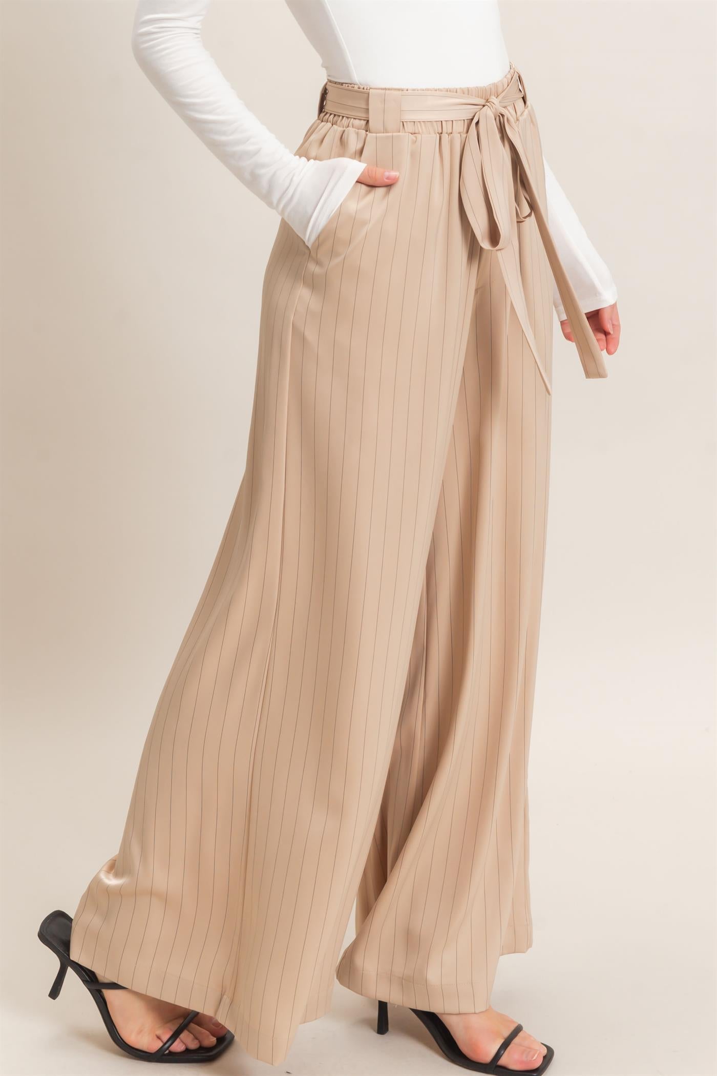 Wholesale Pinstripe Wide-Leg Pants Pants HF25F030 LIGHT TAUPE HYFVE