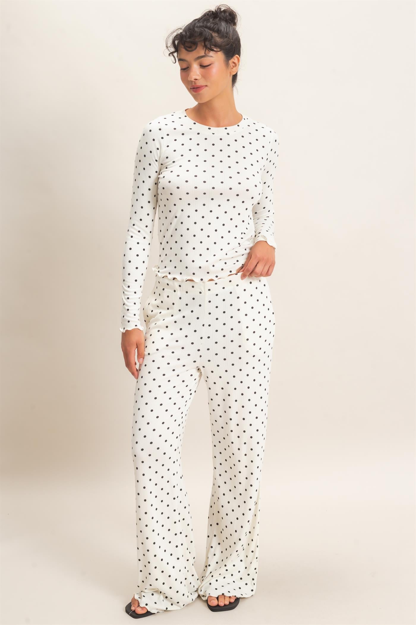 Wholesale Polka Dot Long Sleeve Top & Pants Set Clothing DZ26E914-SET CREAM DOUBLE ZERO