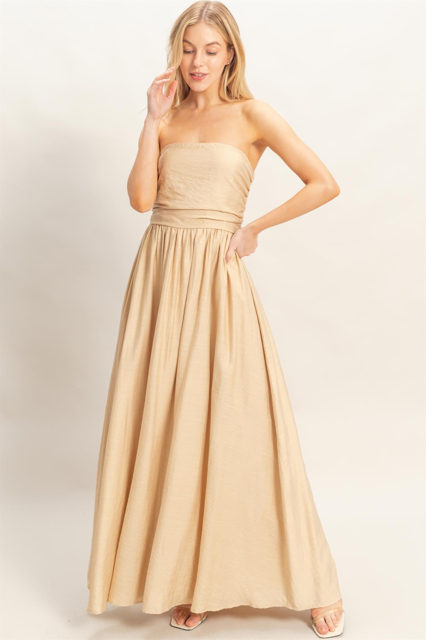 Wholesale Strapless Tie-Back Smocked Dress Dresses HF26C750 LIGHT BEIGE HYFVE