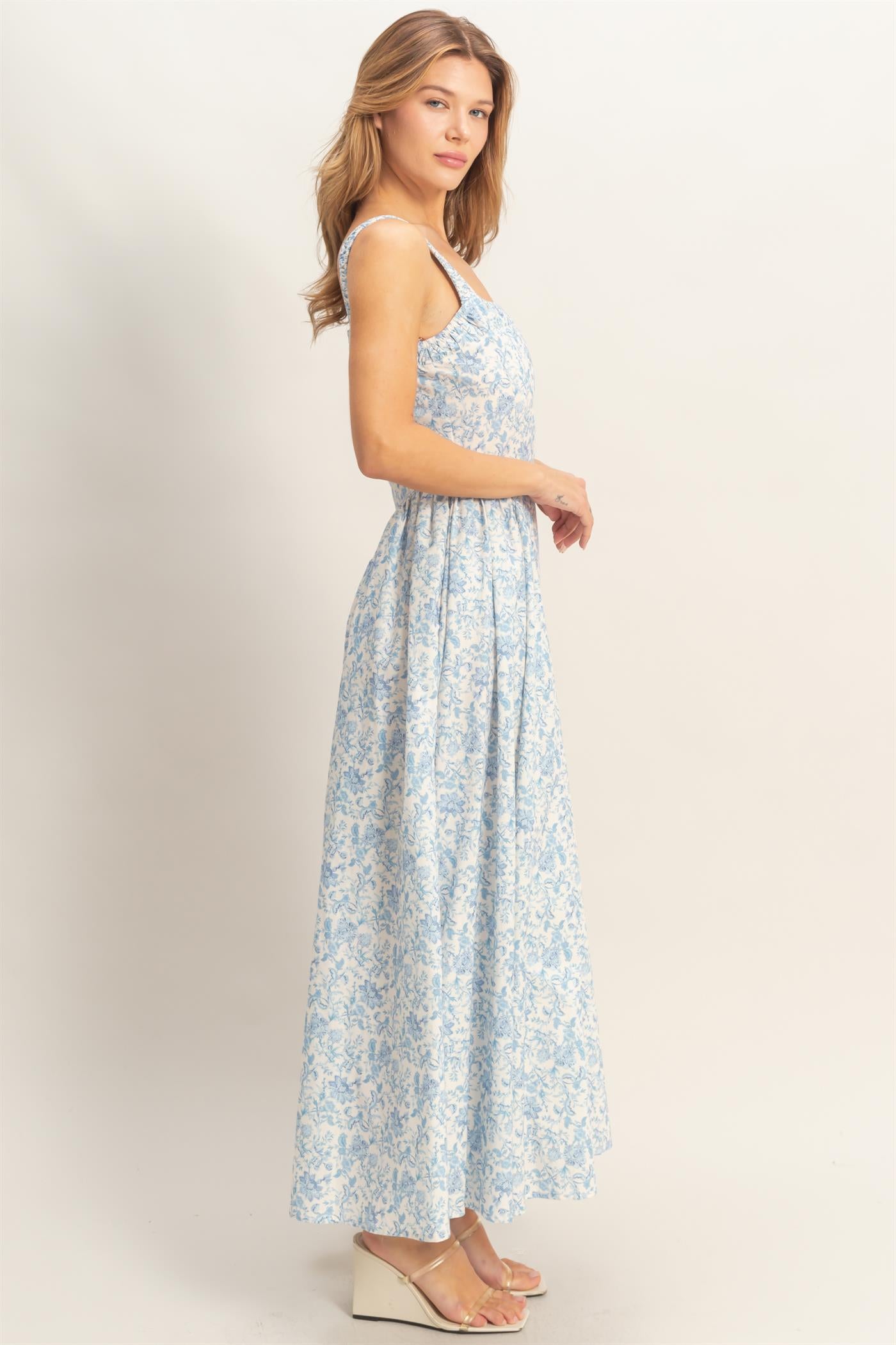 Wholesale Floral Print Empire Waist Dress Dresses HF26A153-D BLUE HYFVE