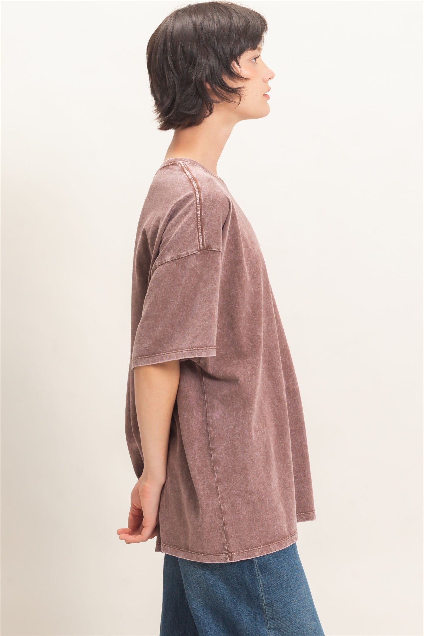 Wholesale Mineral Wash Oversized Crew Neck T-Shirts Clothing Tops DZ26C961 DARK BROWN DOUBLE ZERO
