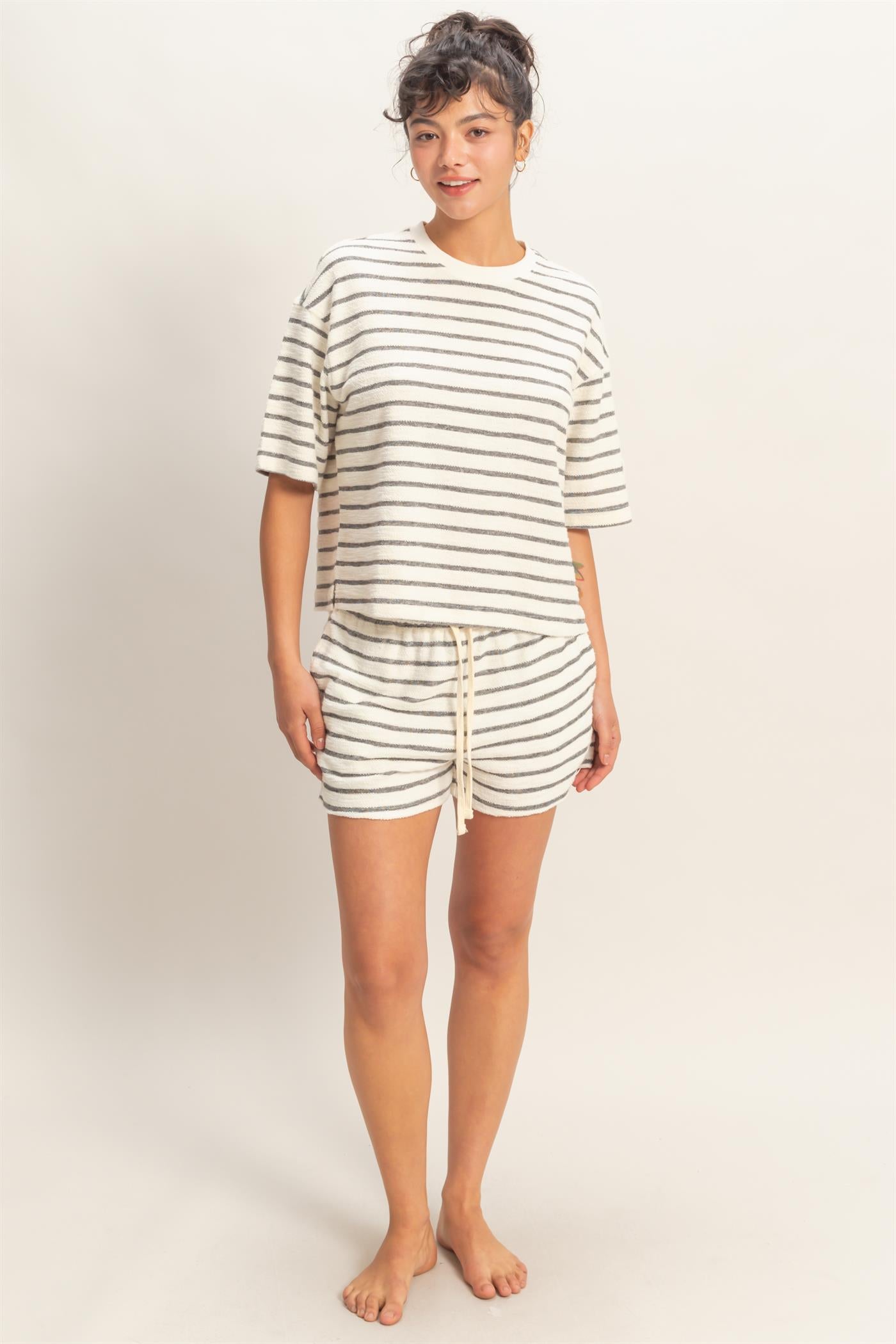 Wholesale Striped Short Sleeve Terry Crew Neck Top Clothing Tops DZ26A887 BLACK DOUBLE ZERO