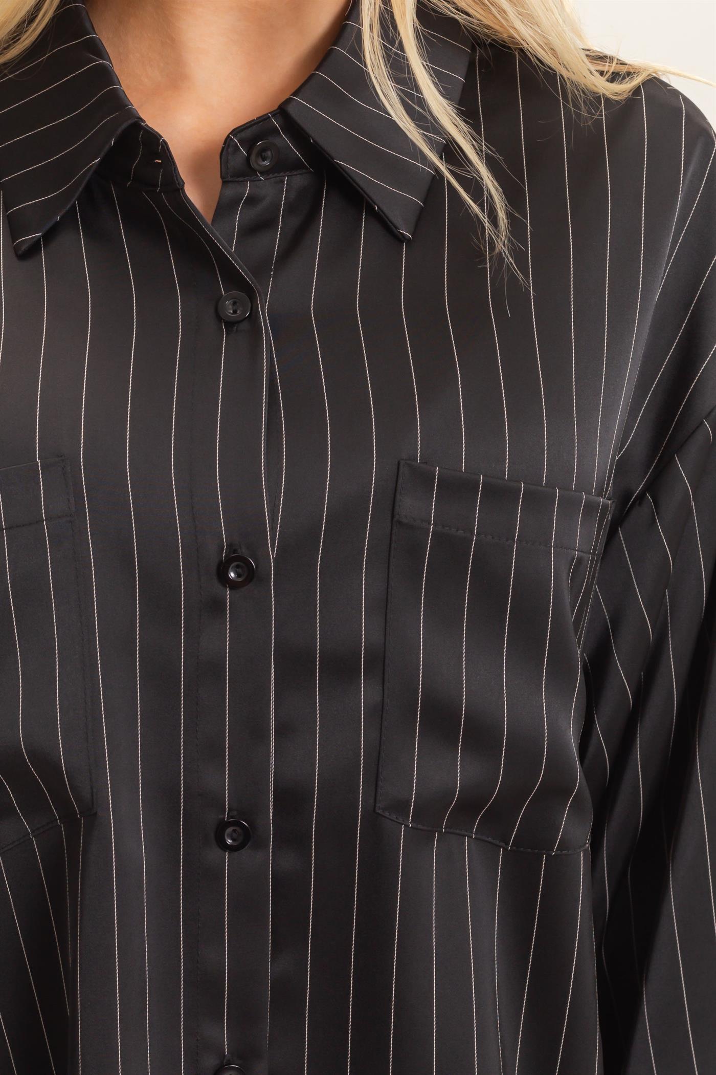 Wholesale Striped Button-Up Blouse Blouses HF26C953 BLACK HYFVE