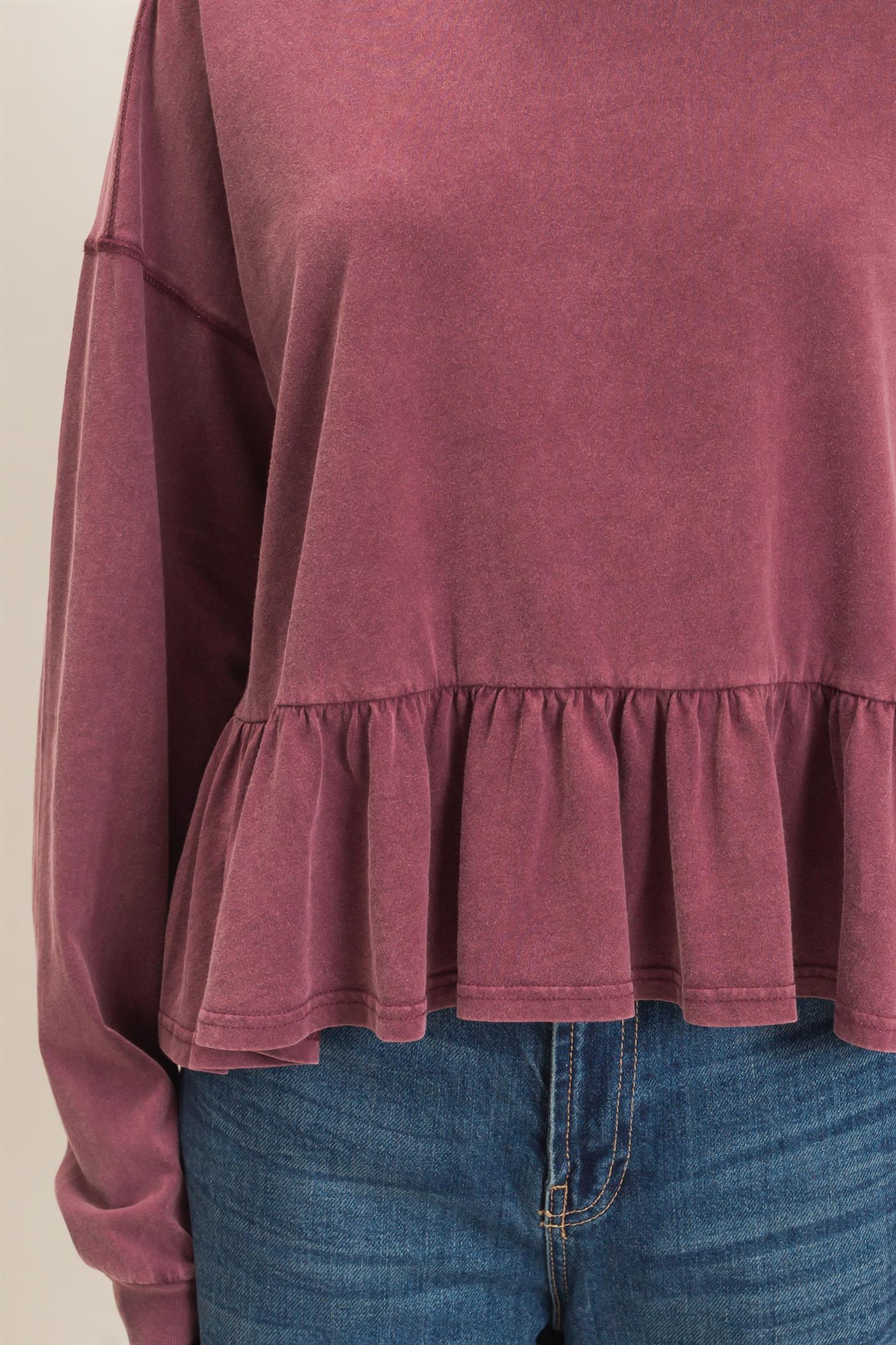 Wholesale Peplum Long Sleeve Top Clothing Tops DZ26F397 DARK CHERRY DOUBLE ZERO