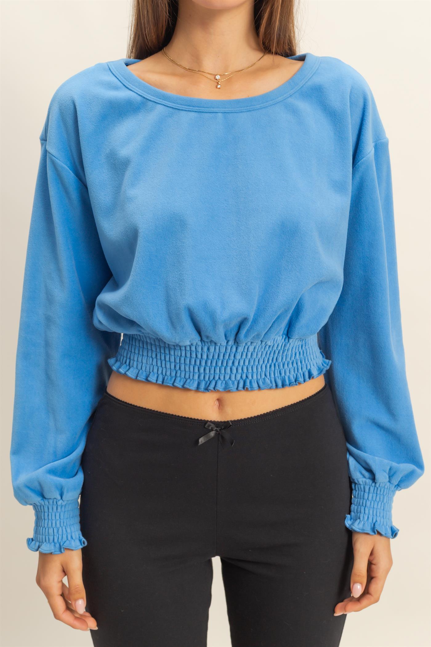 Wholesale Brushed Knit Smocked Crop Top Clothing Tops HF24C116 BLUE HYFVE