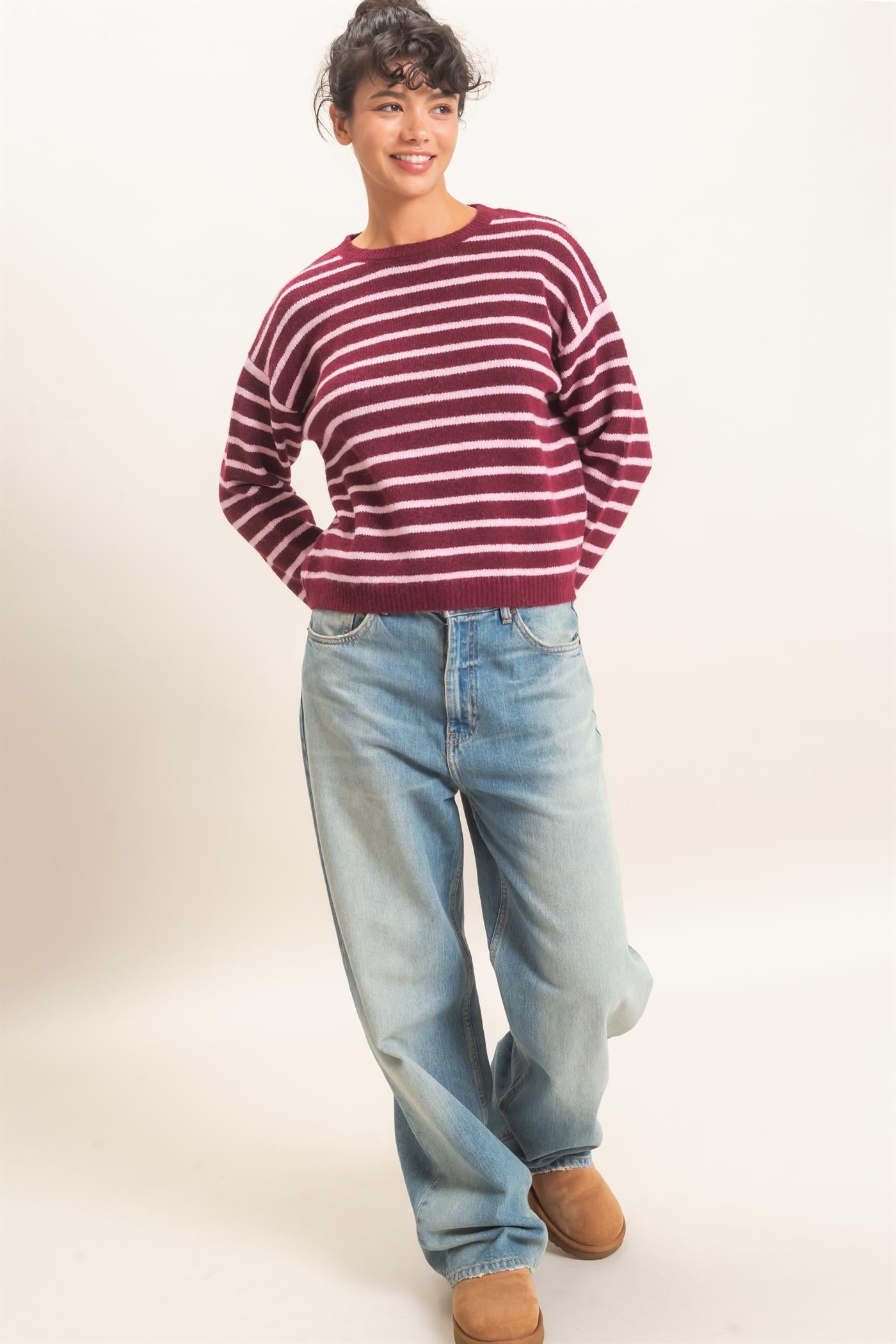 Wholesale Striped Crew Neck Sweater Sweaters DZ26C612 DARK CHERRY DOUBLE ZERO