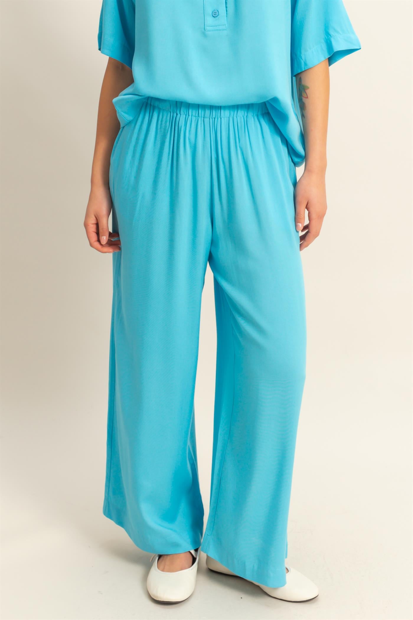 Wholesale High Waist Woven Wide Leg Pants Pants DZ25C192 AQUA BLUE DOUBLE ZERO