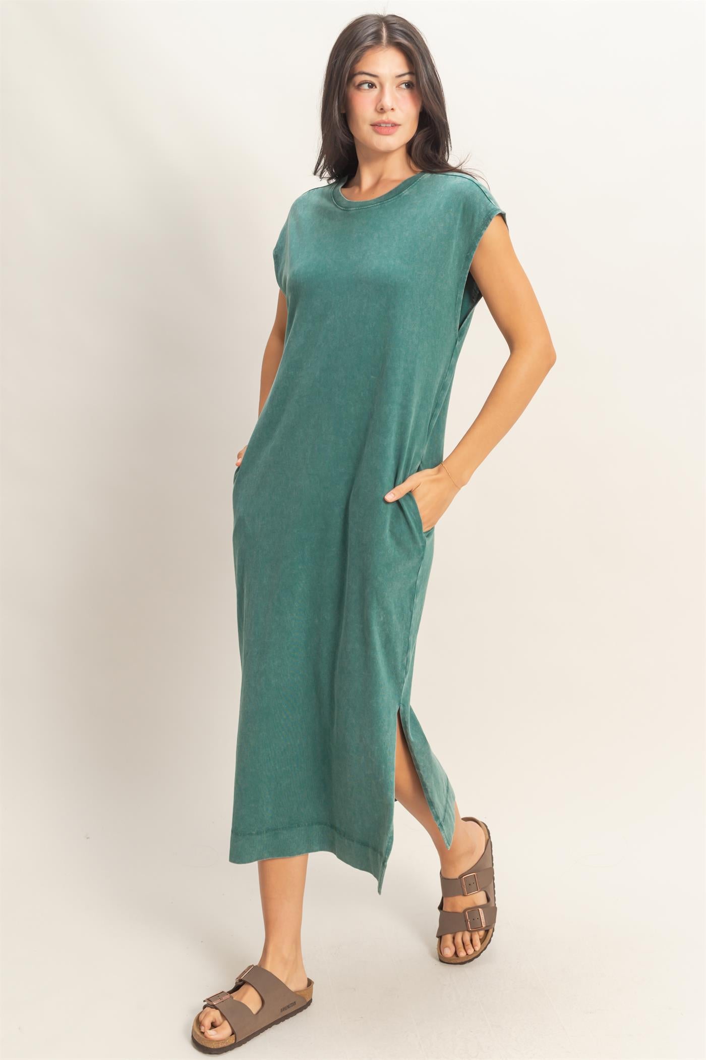 Wholesale Mineral Wash Cap Sleeve Midi Dress Dresses DZ26A049 DARK TEAL DOUBLE ZERO