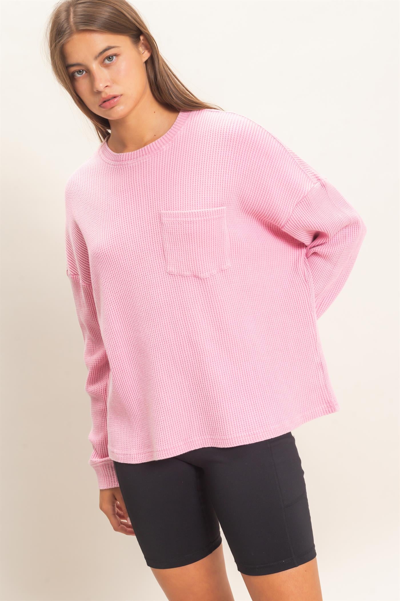 Wholesale Mineral Wash Waffle Long Sleeve Top Clothing Tops DZ26F242 PINK DOUBLE ZERO