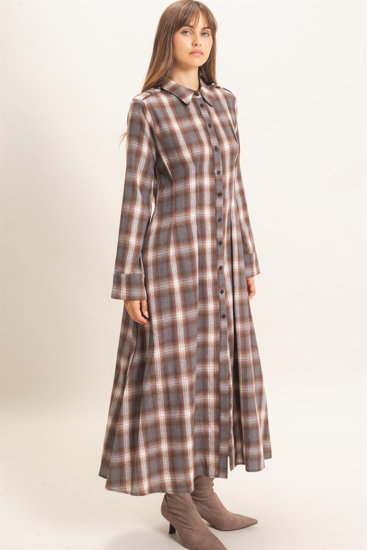 Wholesale Plaid Button-Down Maxi Dress Dresses HF26E999 BROWN HYFVE