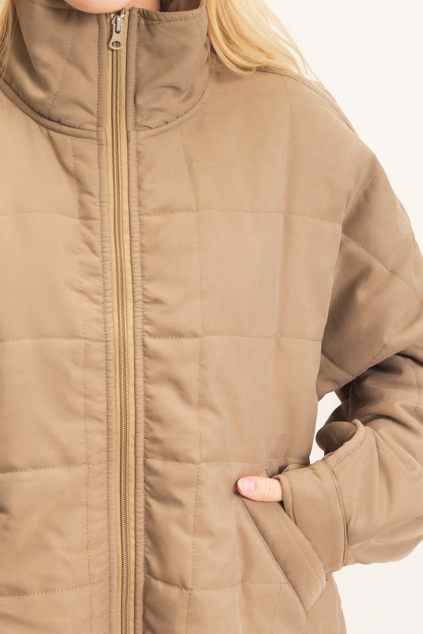 Wholesale Quilted High Collar Jacket Coats & Jackets HF26F167-D OLIVE HYFVE