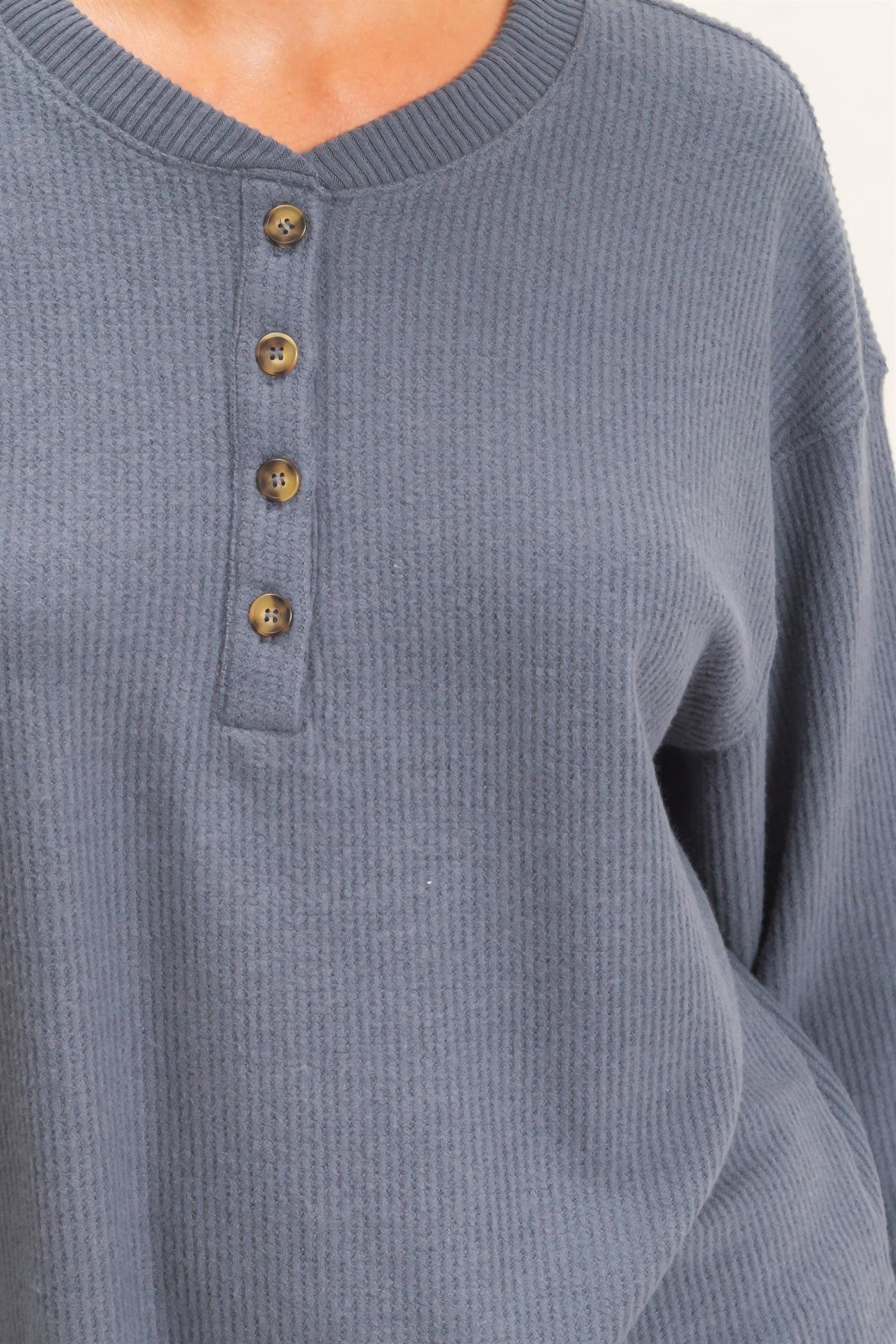 Wholesale Brushed Waffle Henley Top Clothing Tops DZ26F314 DARK GRAY DOUBLE ZERO