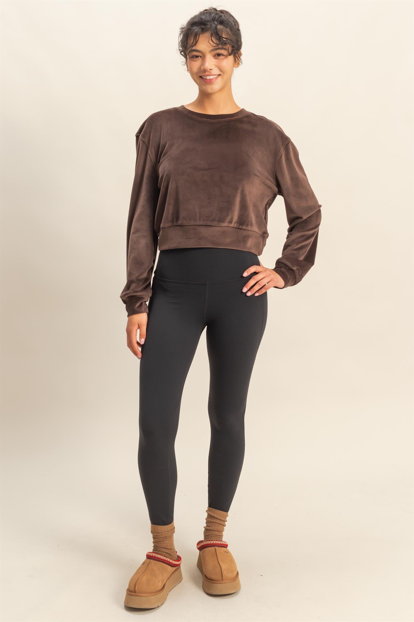 Wholesale Banded Waist Sweatshirt Clothing Tops DZ23A458 DARK CHOCOLATE DOUBLE ZERO