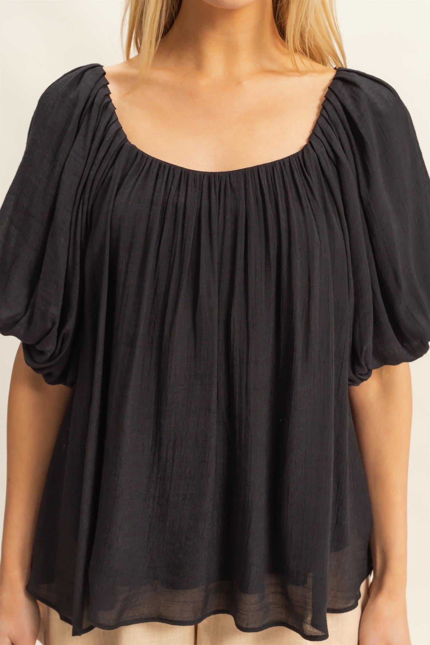 Wholesale Gathered Puff Sleeve Blouse Blouses HF26C307 BLACK HYFVE
