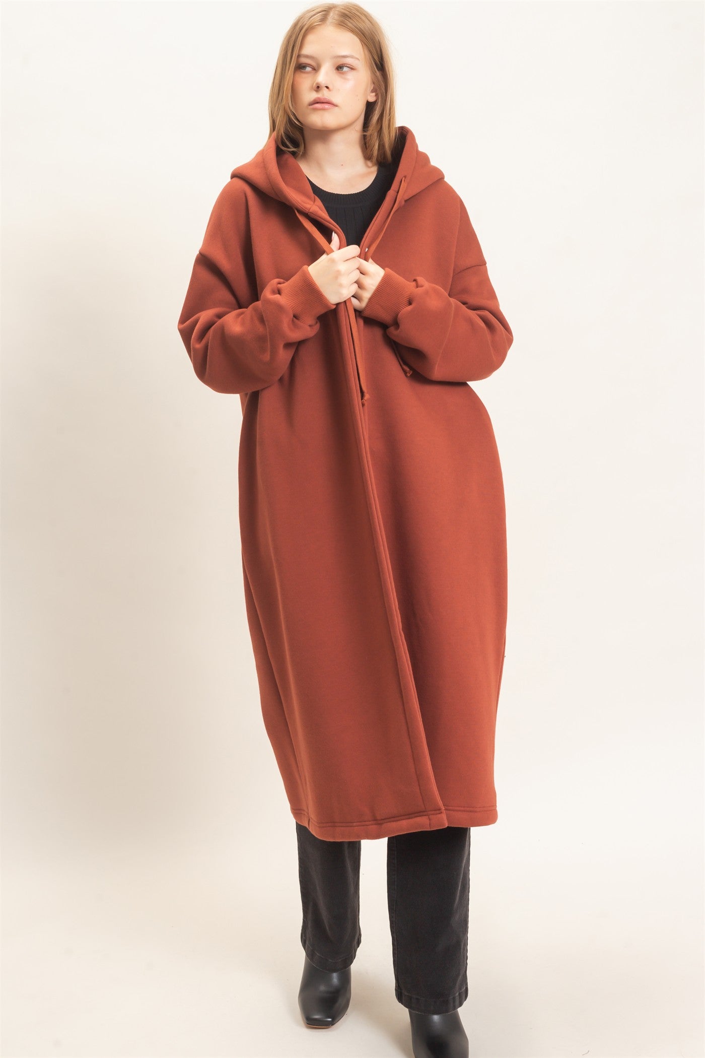 Wholesale Oversized Hooded Open Front Coat Coats & Jackets HF26F142-D BRICK HYFVE
