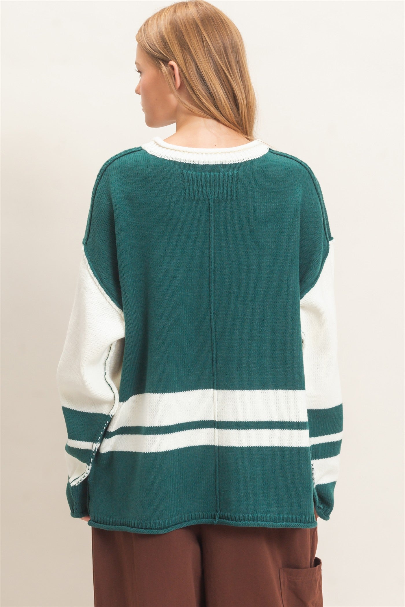 Wholesale Striped Crew Neck Sweater Sweaters HF26E793 TEAL GREEN HYFVE