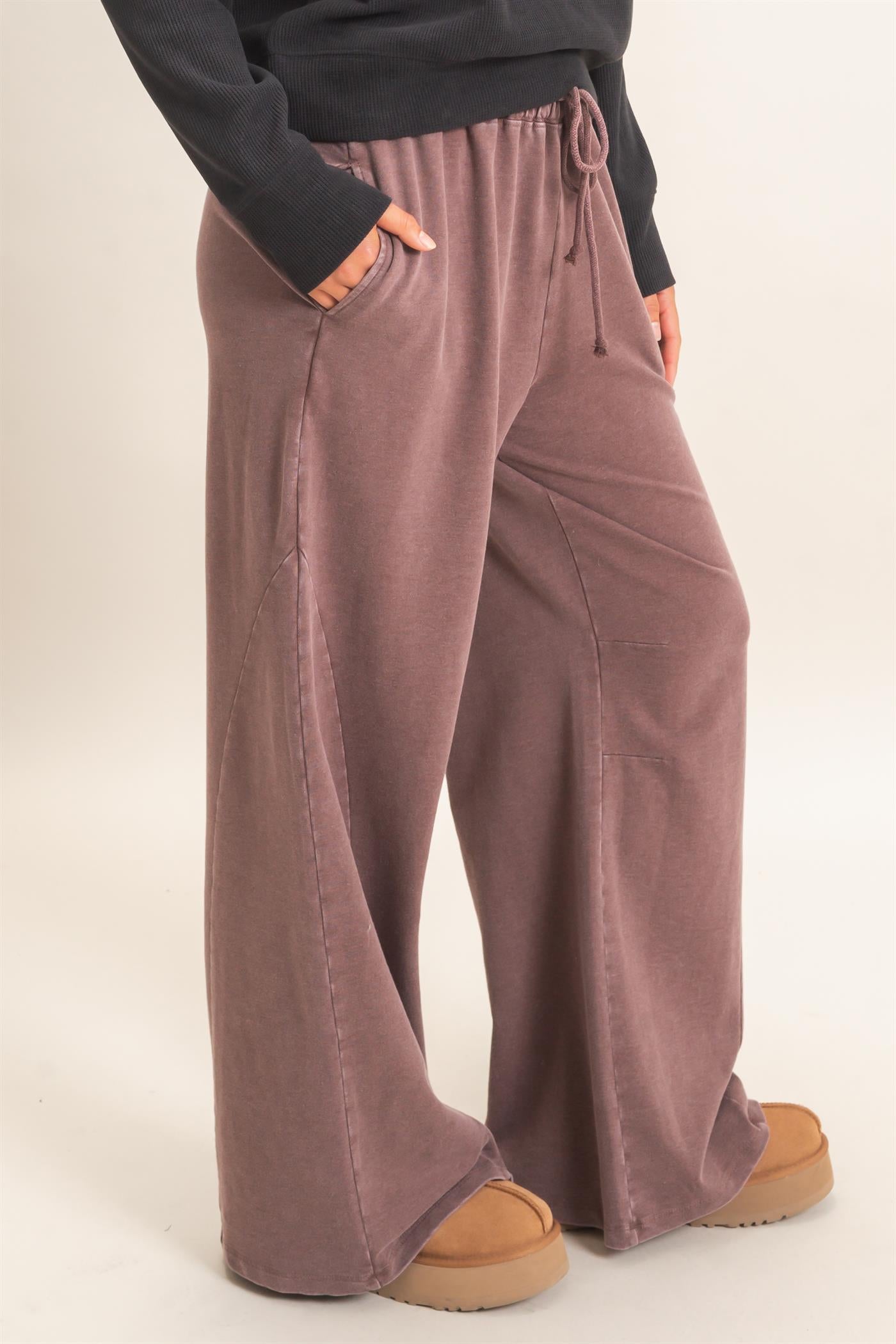Wholesale Mineral Washed Wide Leg Pants Pants DZ26F082 DARK BROWN DOUBLE ZERO