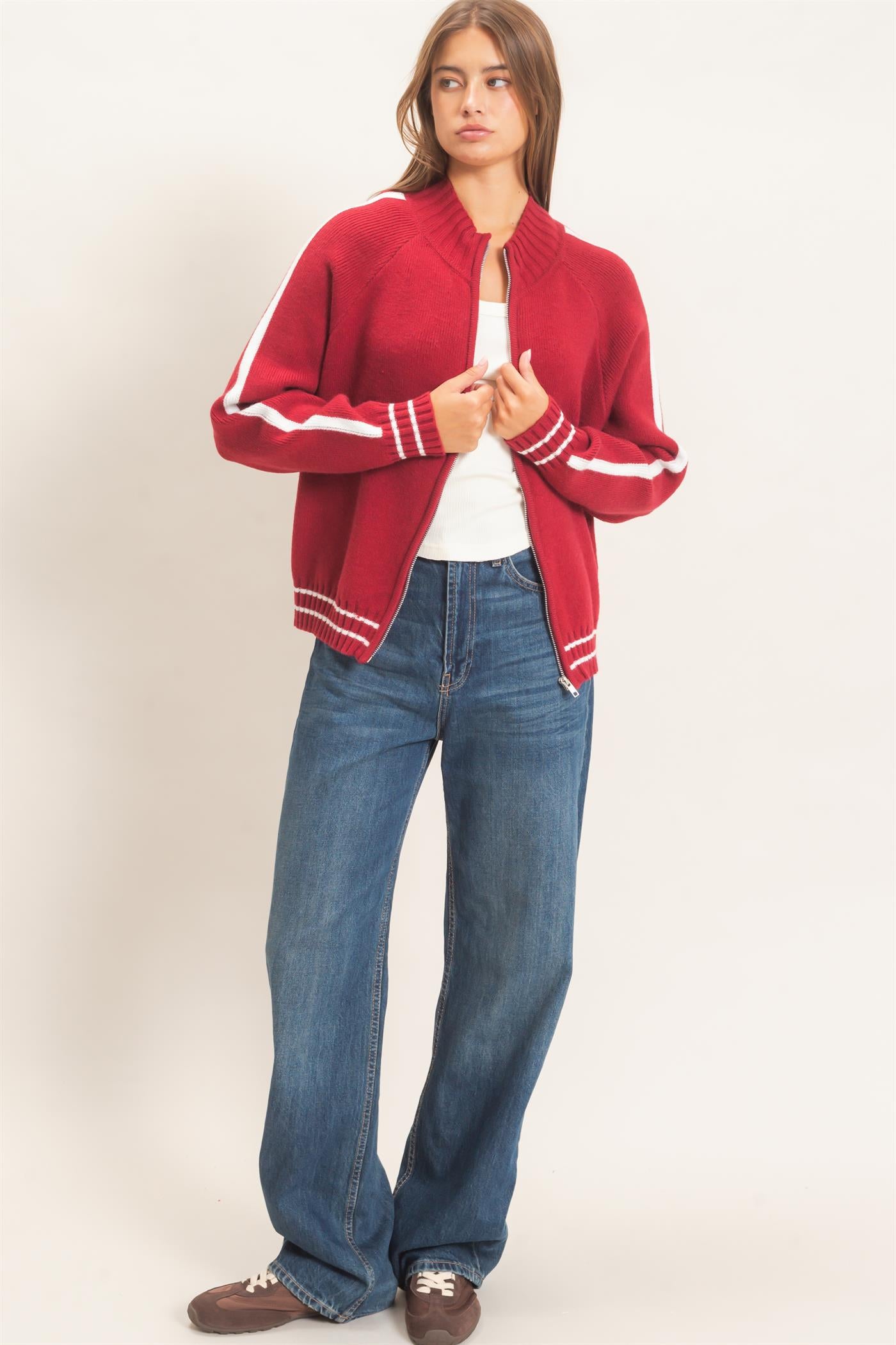 Wholesale Contrast Stripe Zip-Up Sweater Sweaters DZ26E861 DARK RED DOUBLE ZERO
