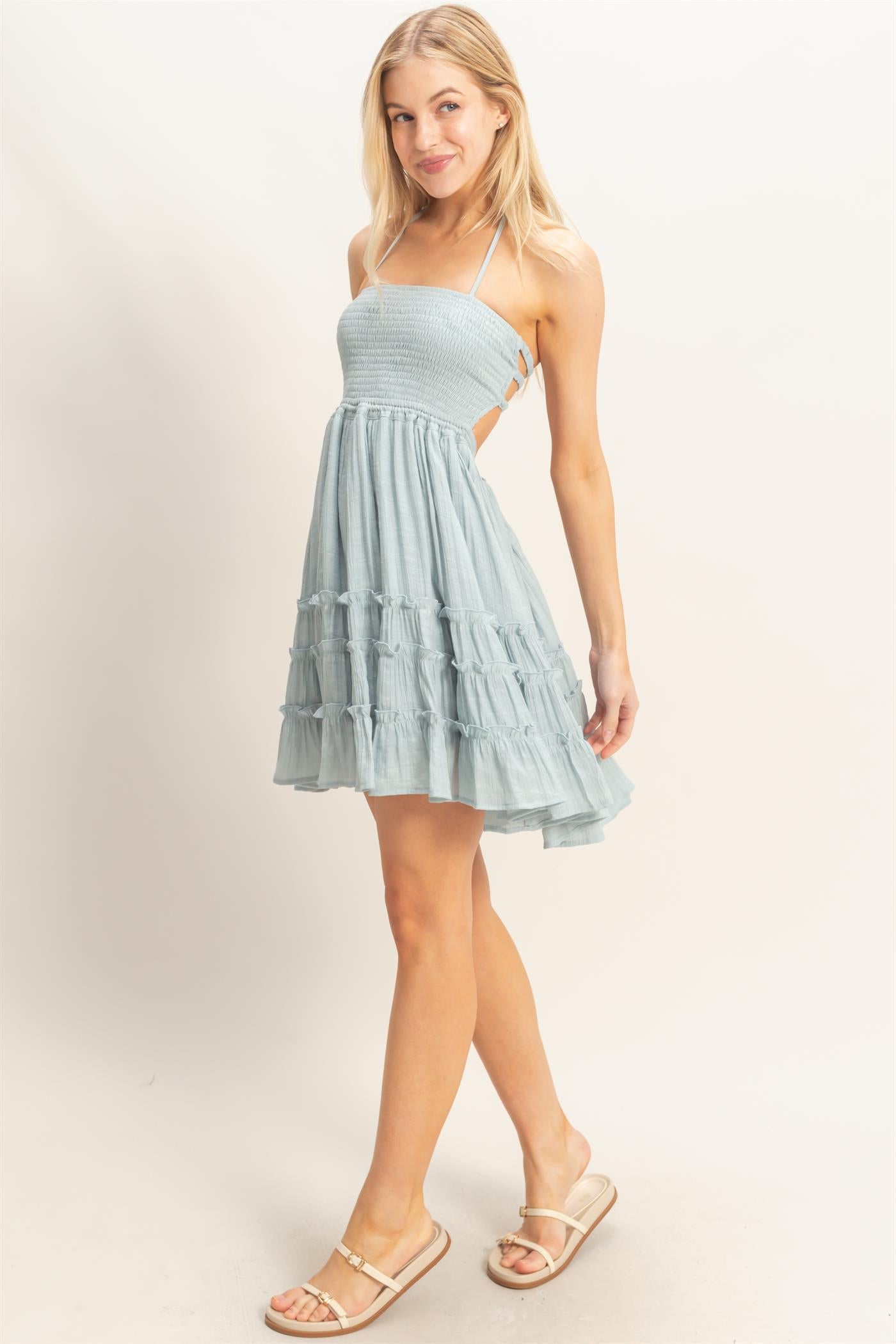 Wholesale Smocked Tiered Midi Dress Dresses HF26C299-D D.BLUE HYFVE