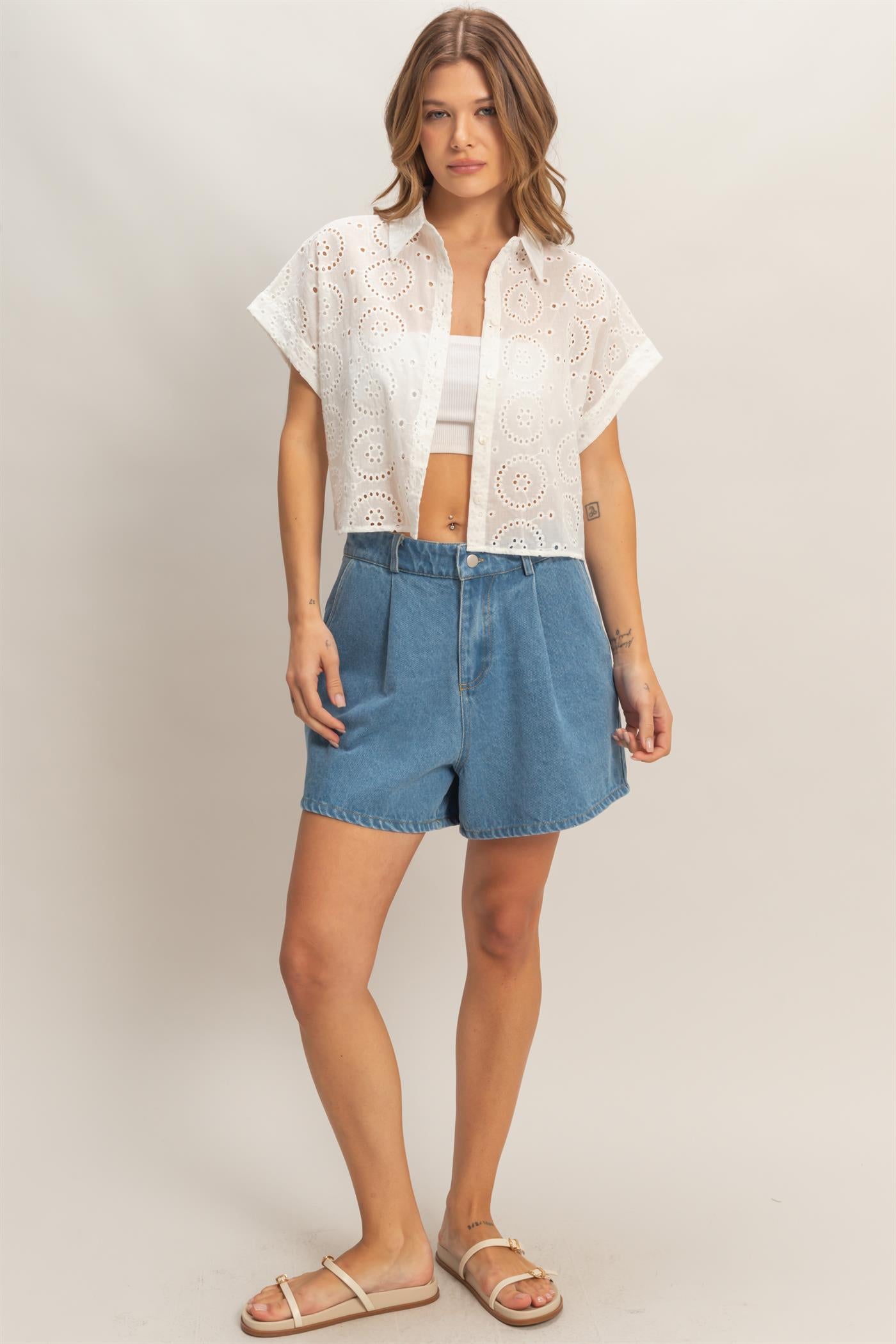 Wholesale Eyelet Cropped Button-Up Shirt Clothing Tops HF26C297 OFF WHITE HYFVE