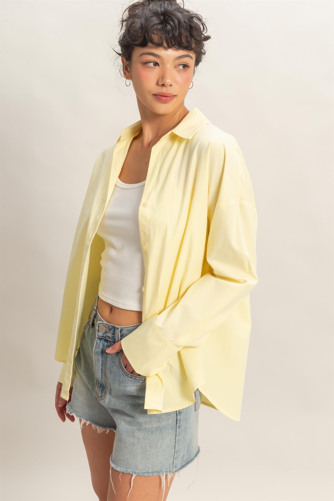 Wholesale Button Up Poplin Shirt Clothing Tops DZ26A330 PALE YELLOW HYFVE
