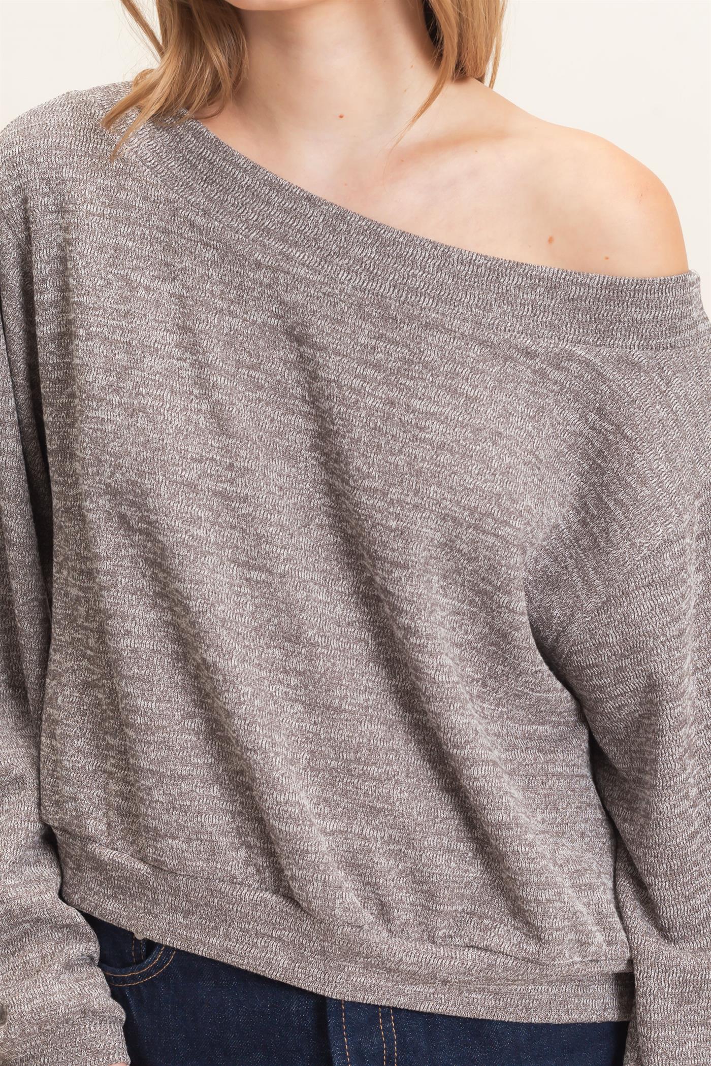 Wholesale Off Shoulder Knit Sweatshirt Blouses HF26F028 CHARCOAL HYFVE