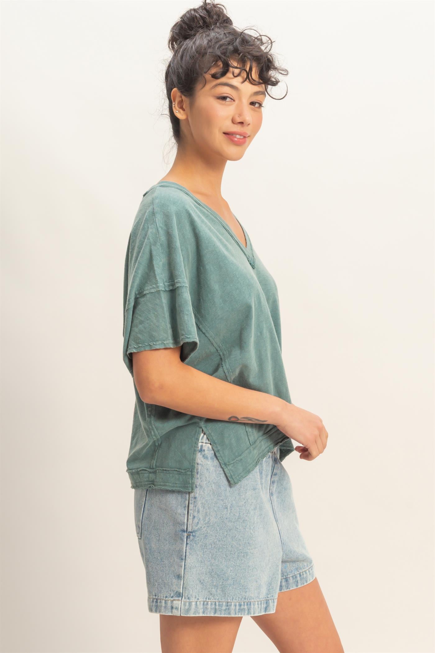 Wholesale Oversized V-Neck Short Sleeve Top Clothing Tops DZ26A032 DARK TEAL DOUBLE ZERO