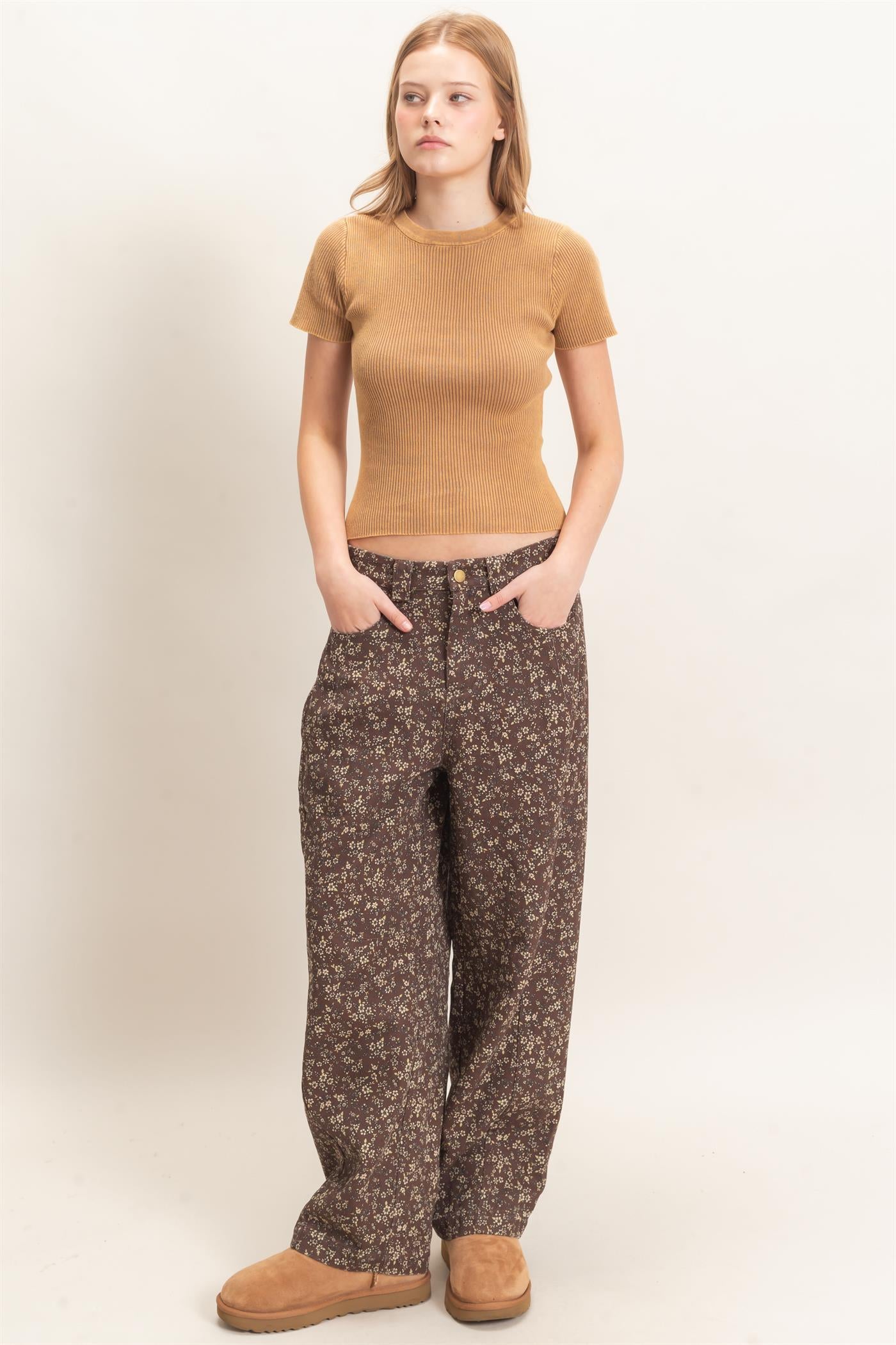 Wholesale Ribbed Crew Neck Top Clothing Tops HF26E473 WARM TAUPE HYFVE