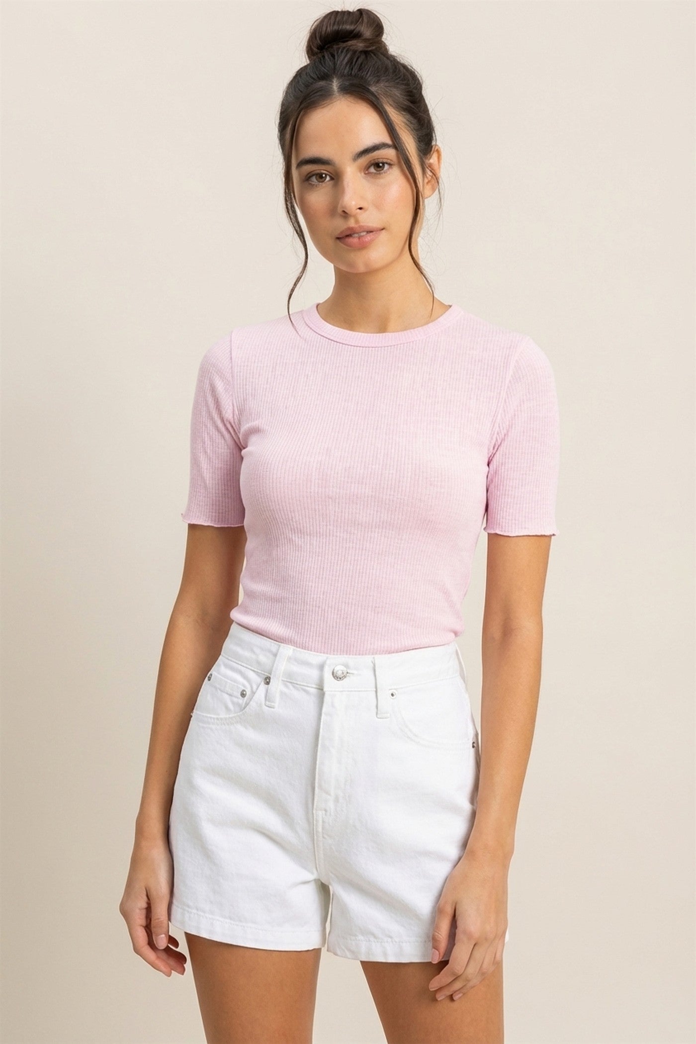 Wholesale Ribbed Short Sleeve Top Clothing Tops DZ24C197 PALE PINK DOUBLE ZERO