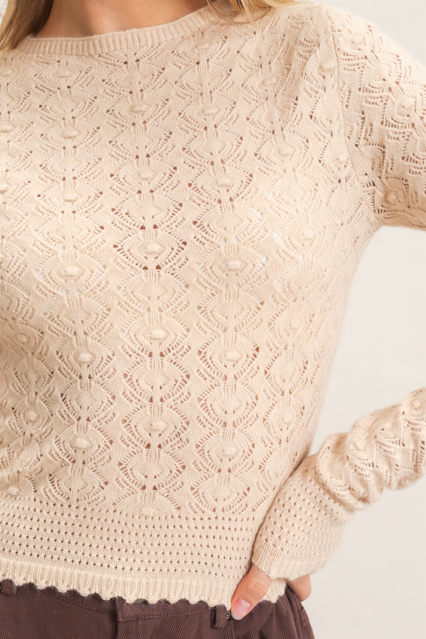 Wholesale Crochet Scalloped Hem Sweater Sweaters HF26F195 TAUPE HYFVE