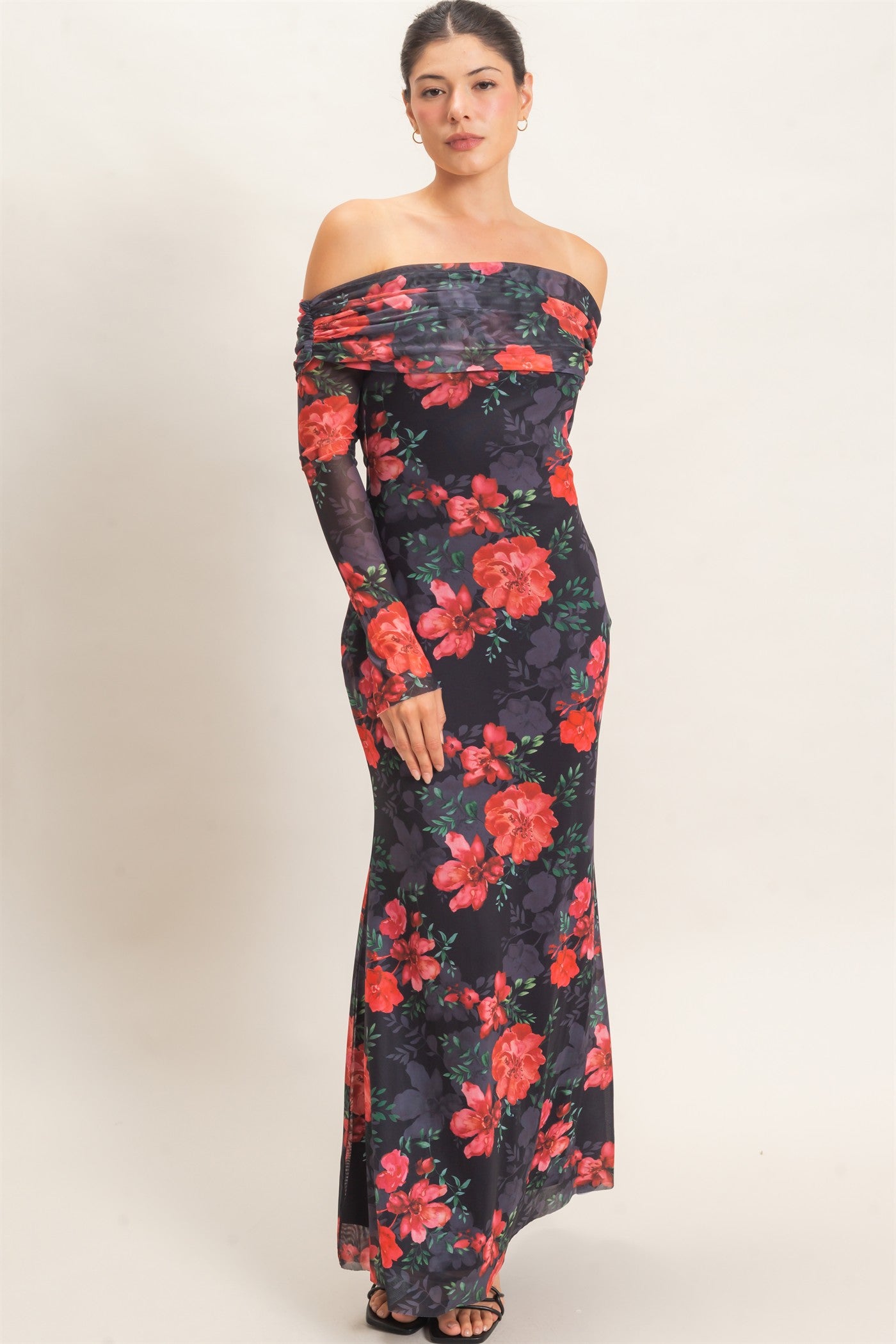Wholesale Off Shoulder Floral Mesh Dress Dresses HF26E008 BLACK HYFVE